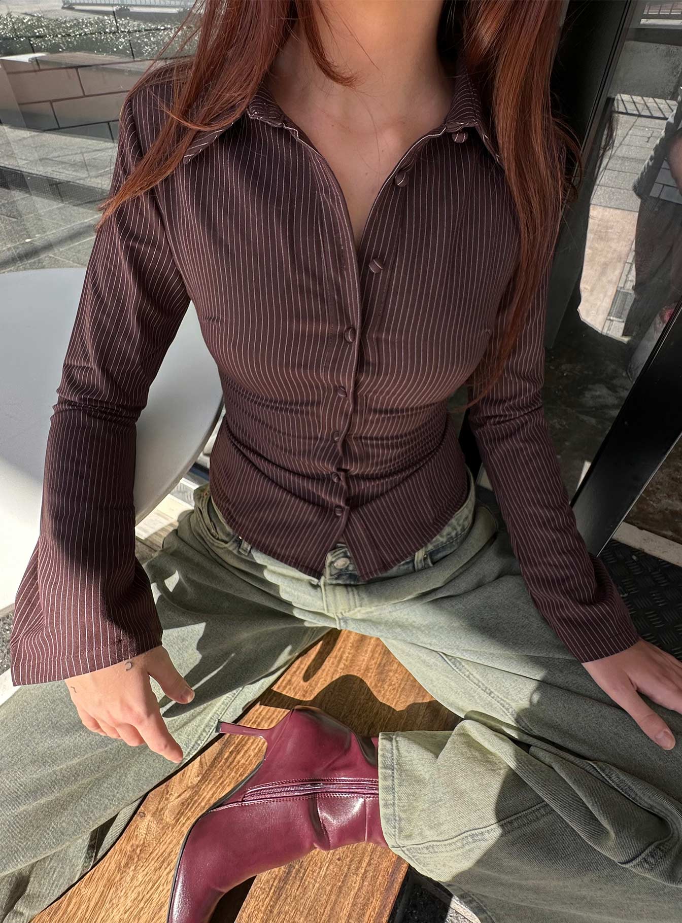 Kahverengi Çizgili Fit Gömlek Bluz