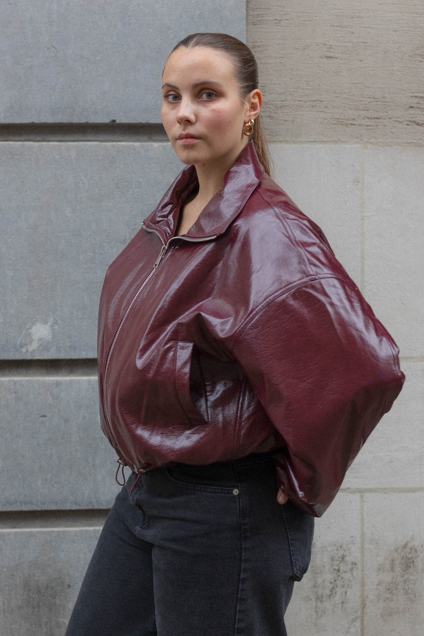 Bordo Parlak Oversize Bomber Ceket