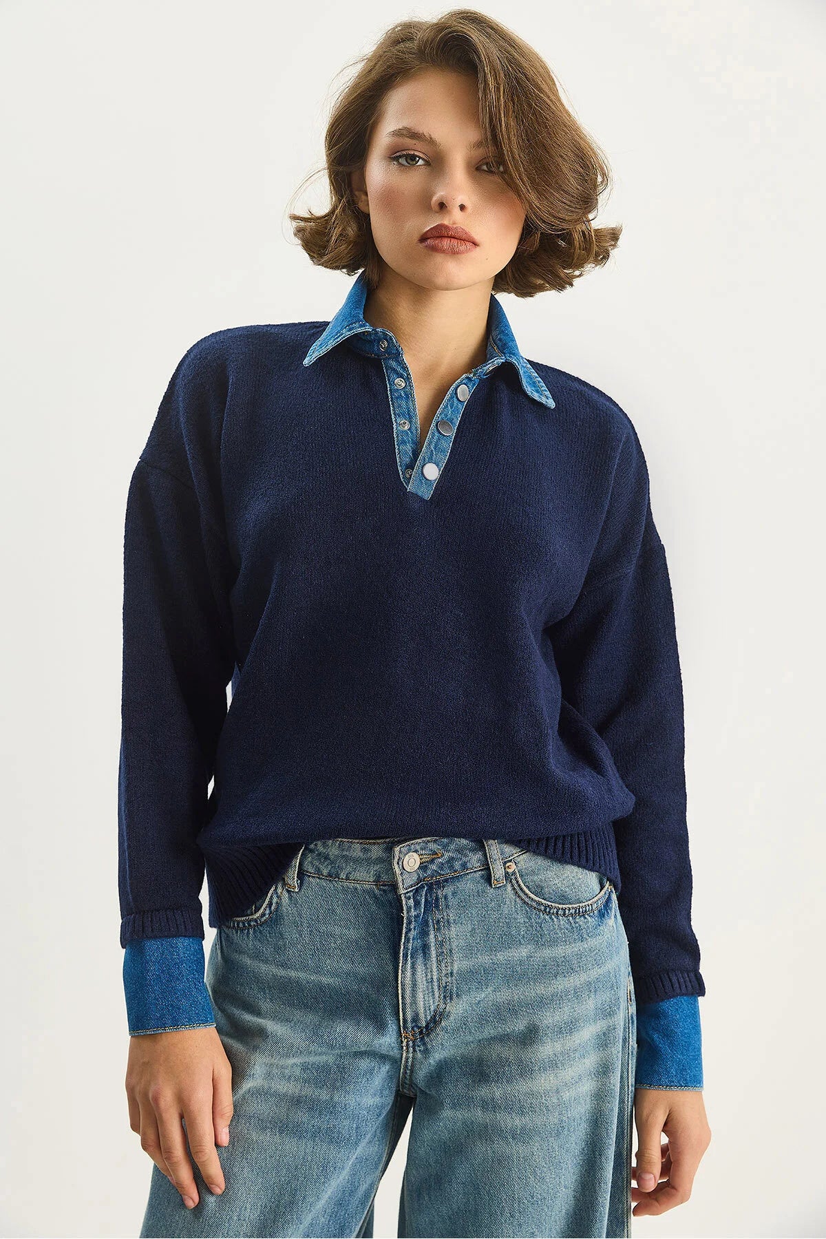Denim Detaylı Triko Kazak