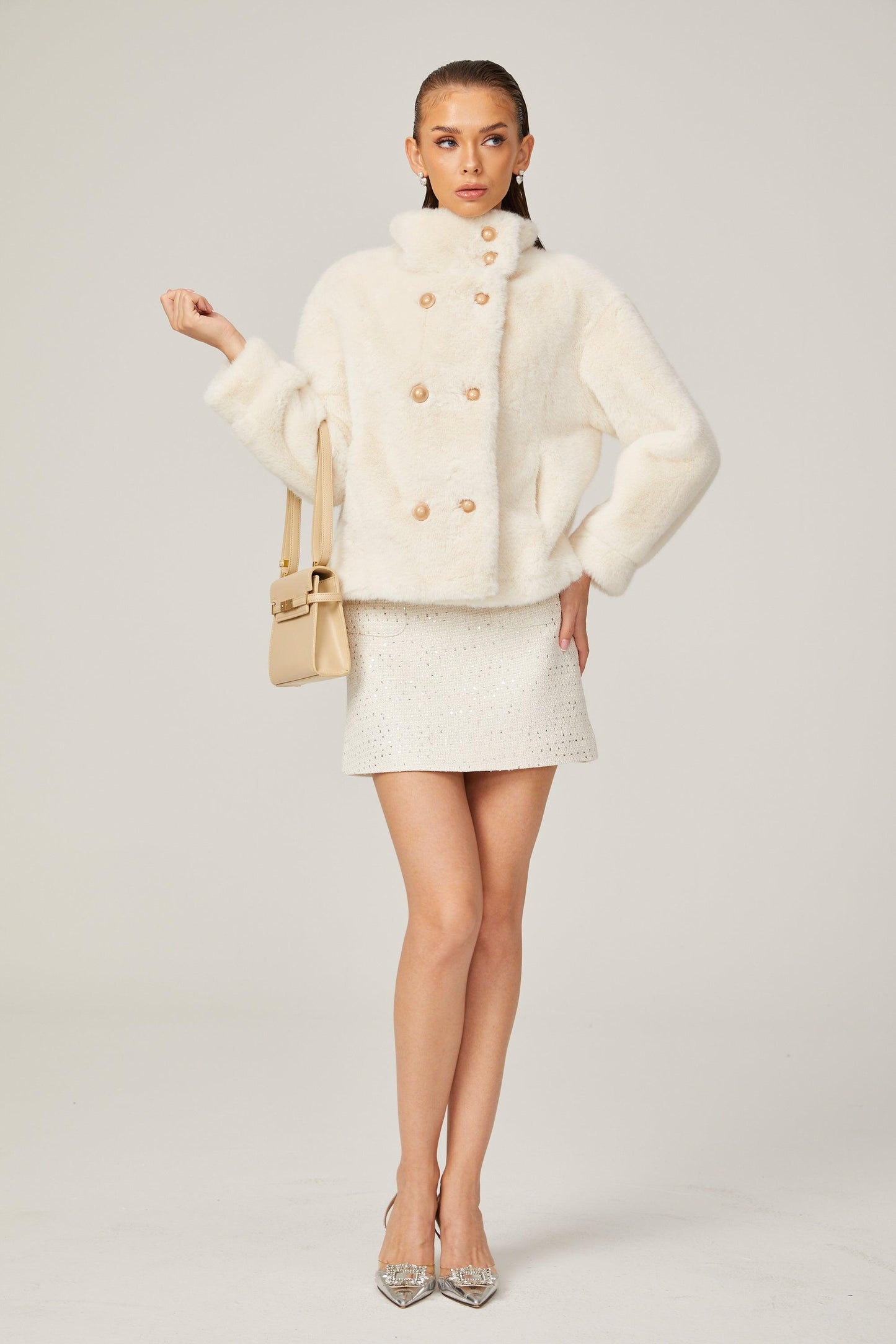 Elegance Pearl Çift Düğmeli Peluş Kaban