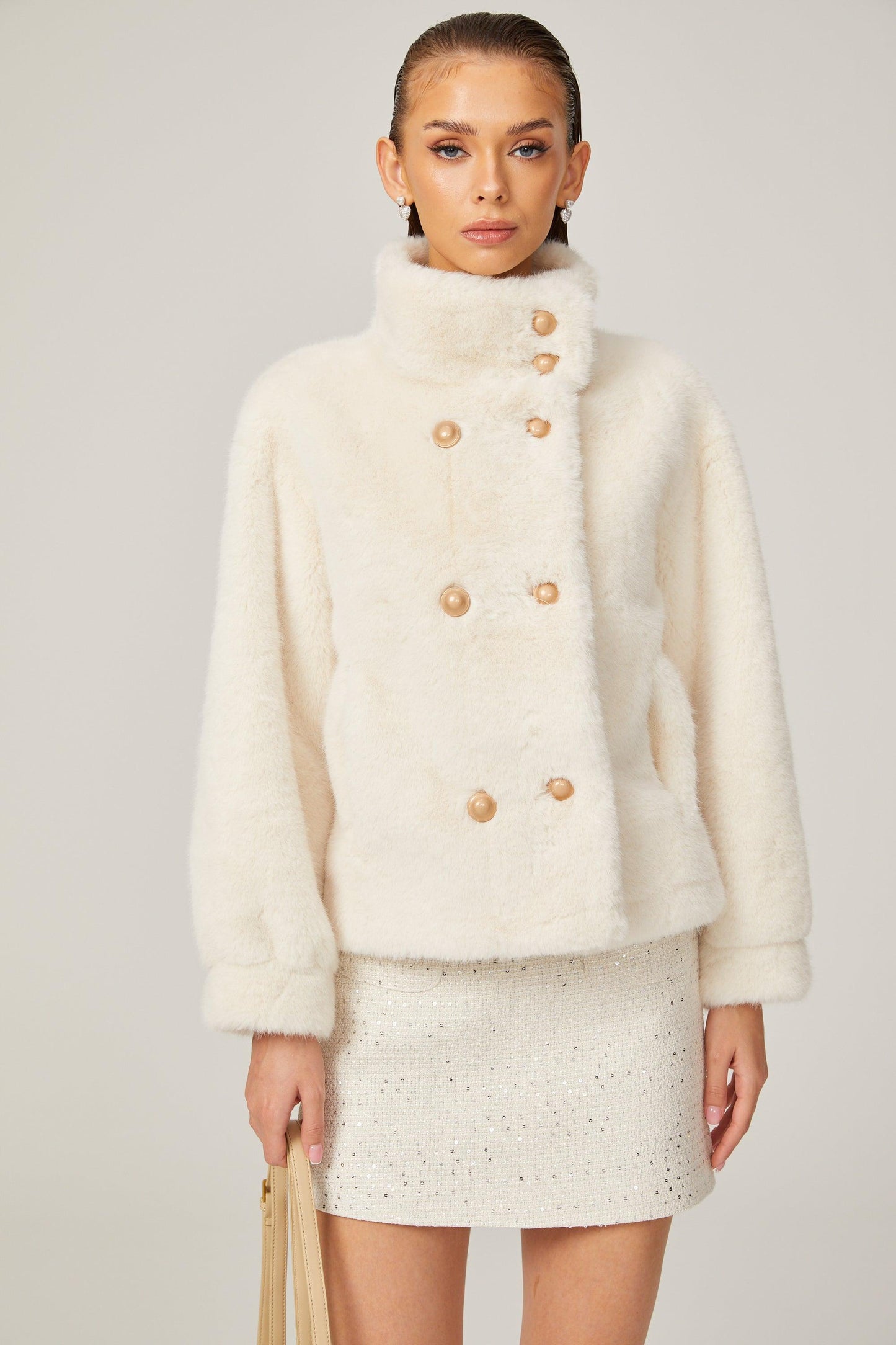 Elegance Pearl Çift Düğmeli Peluş Kaban