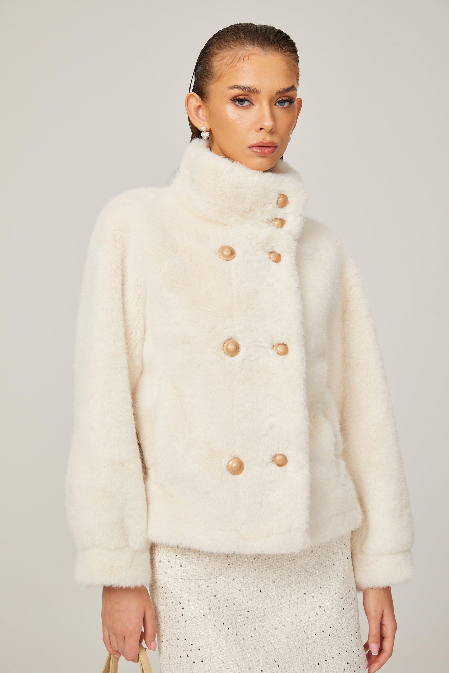Elegance Pearl Çift Düğmeli Peluş Kaban
