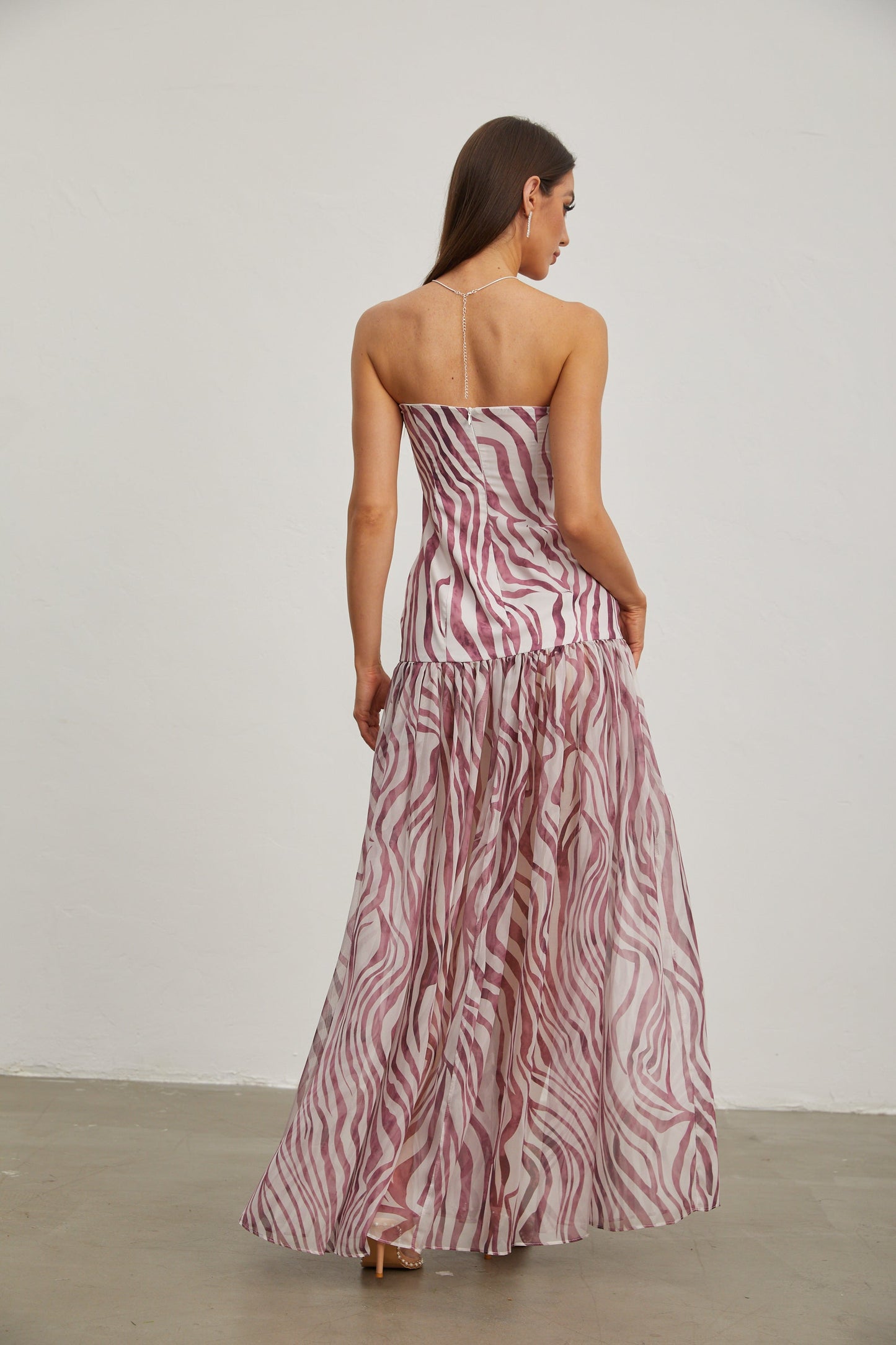 Giselle Rose Zebra Desenli Straplez Uzun Elbise