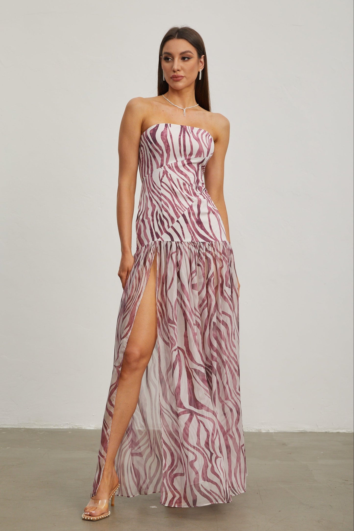 Giselle Rose Zebra Desenli Straplez Uzun Elbise