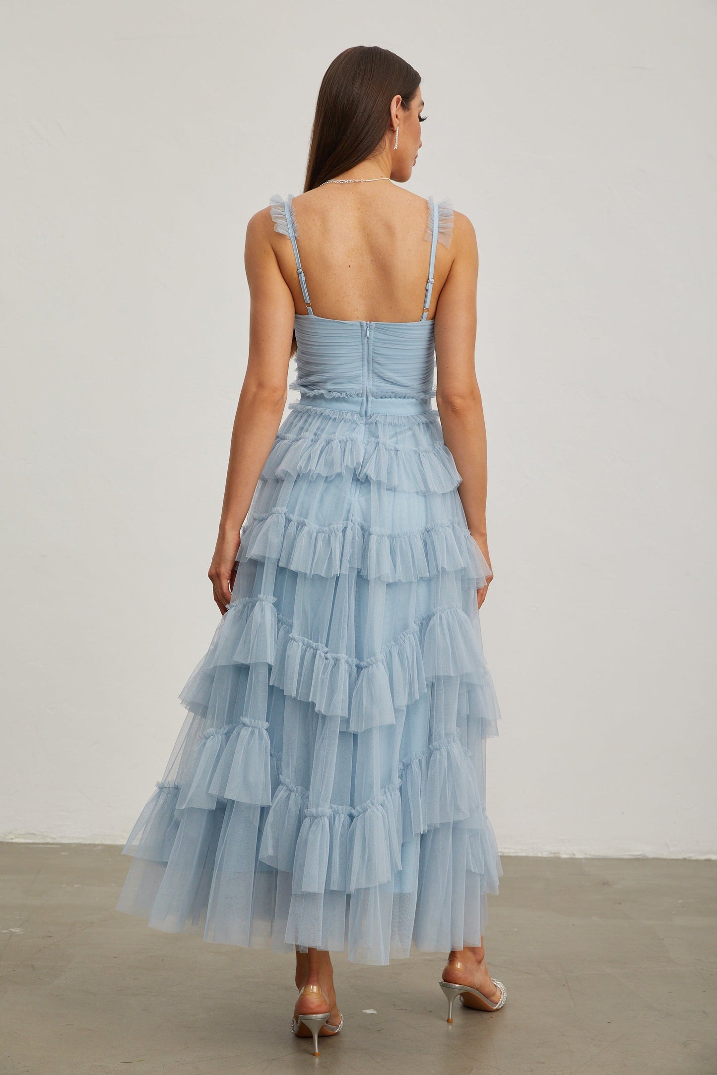 Norène Azure Ruffled Tül Uzun Elbise