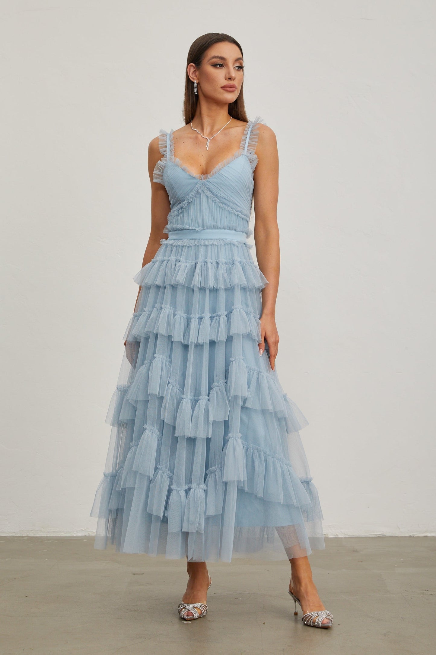Norène Azure Ruffled Tül Uzun Elbise
