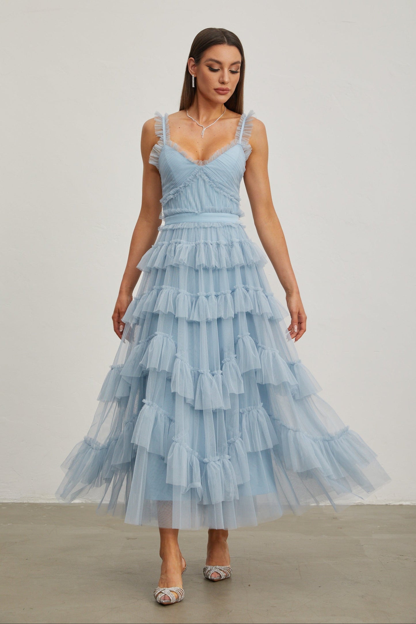 Norène Azure Ruffled Tül Uzun Elbise