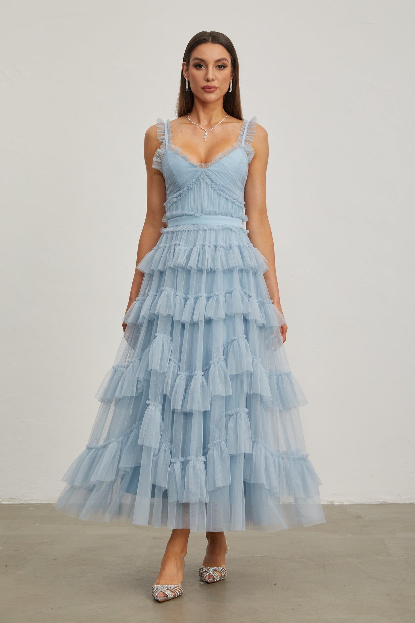 Norène Azure Ruffled Tül Uzun Elbise