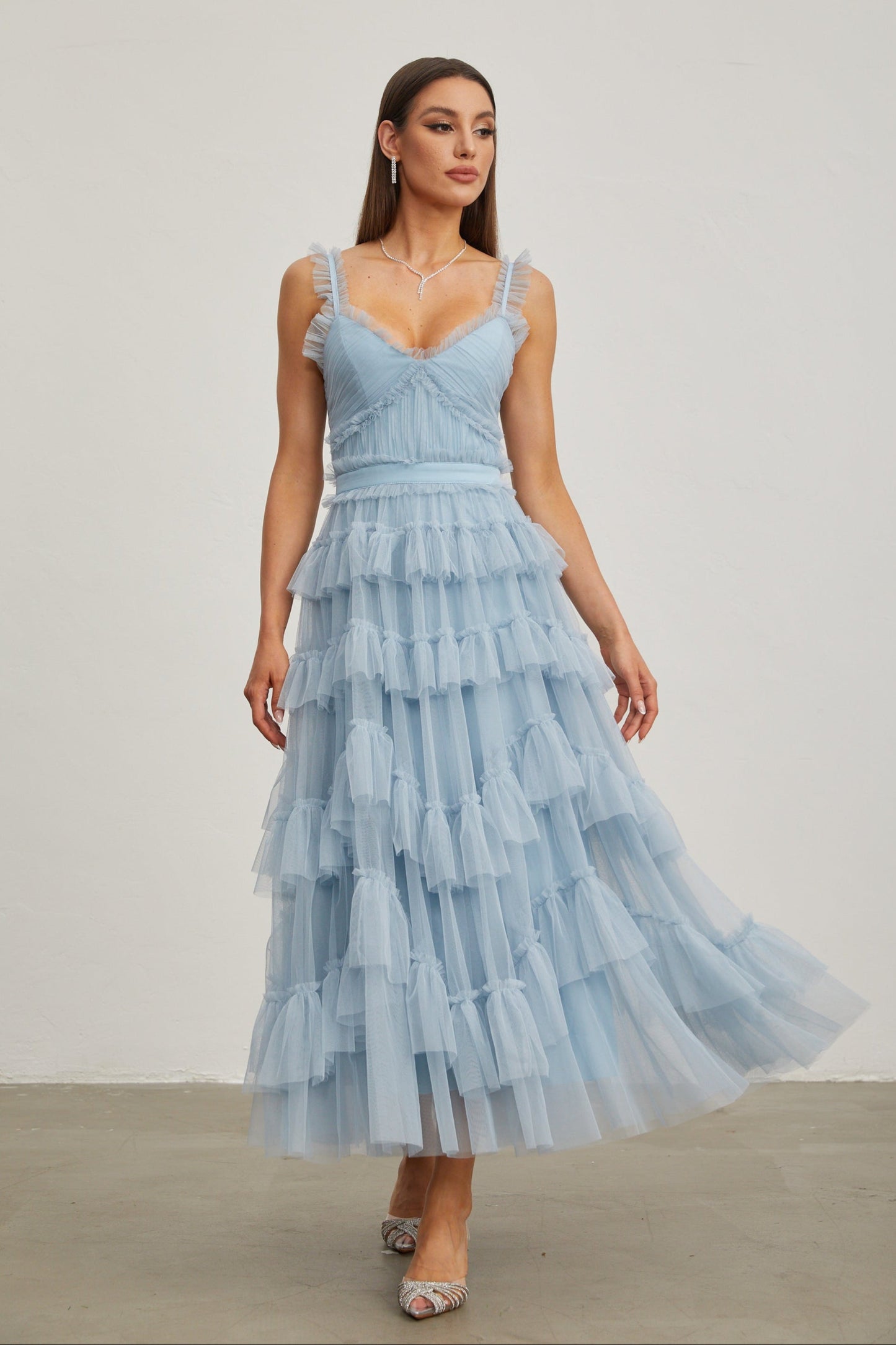 Norène Azure Ruffled Tül Uzun Elbise