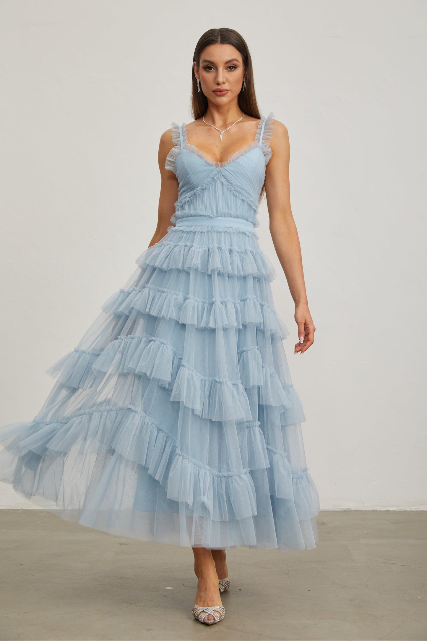 Norène Azure Ruffled Tül Uzun Elbise