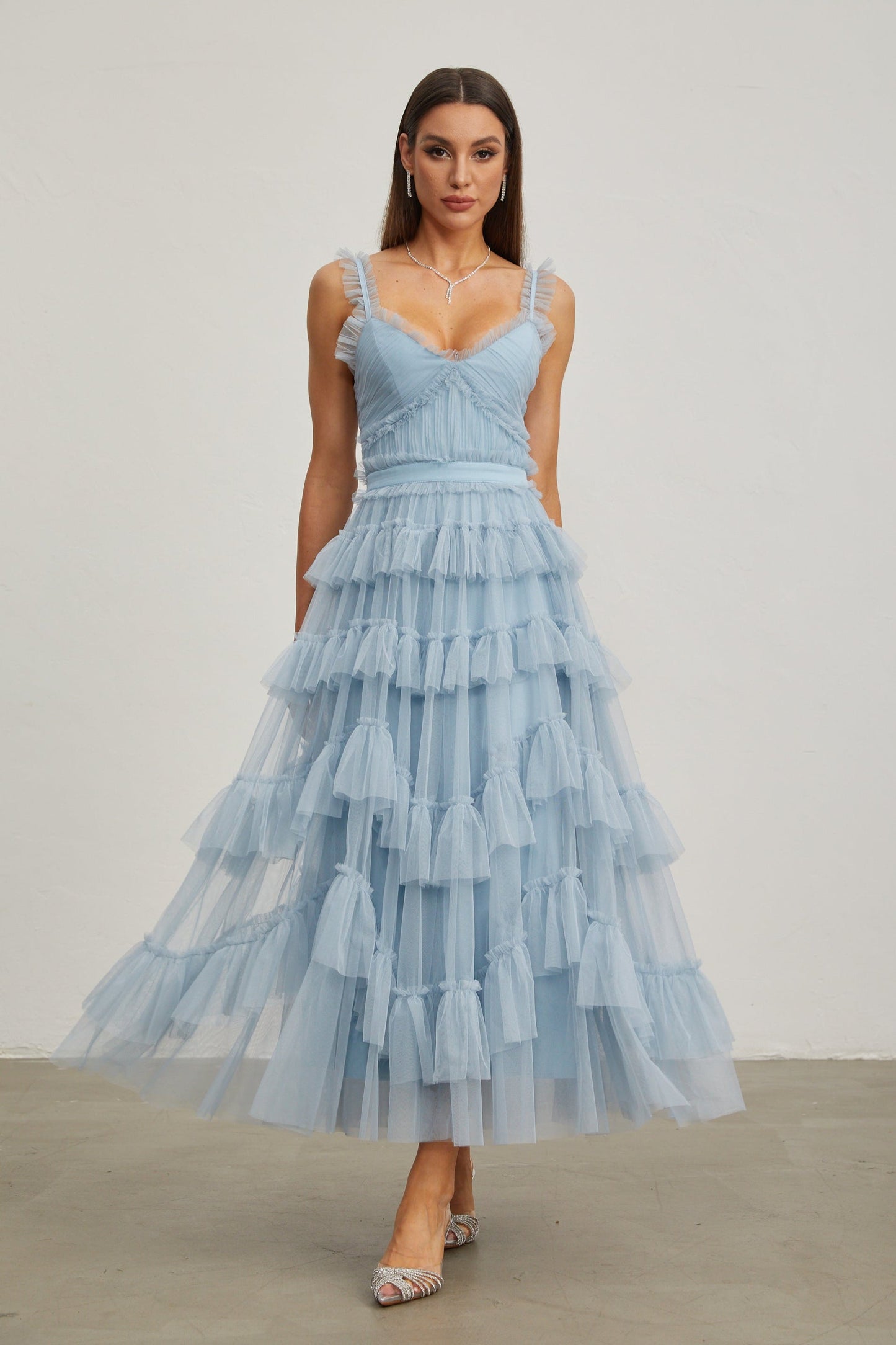 Norène Azure Ruffled Tül Uzun Elbise