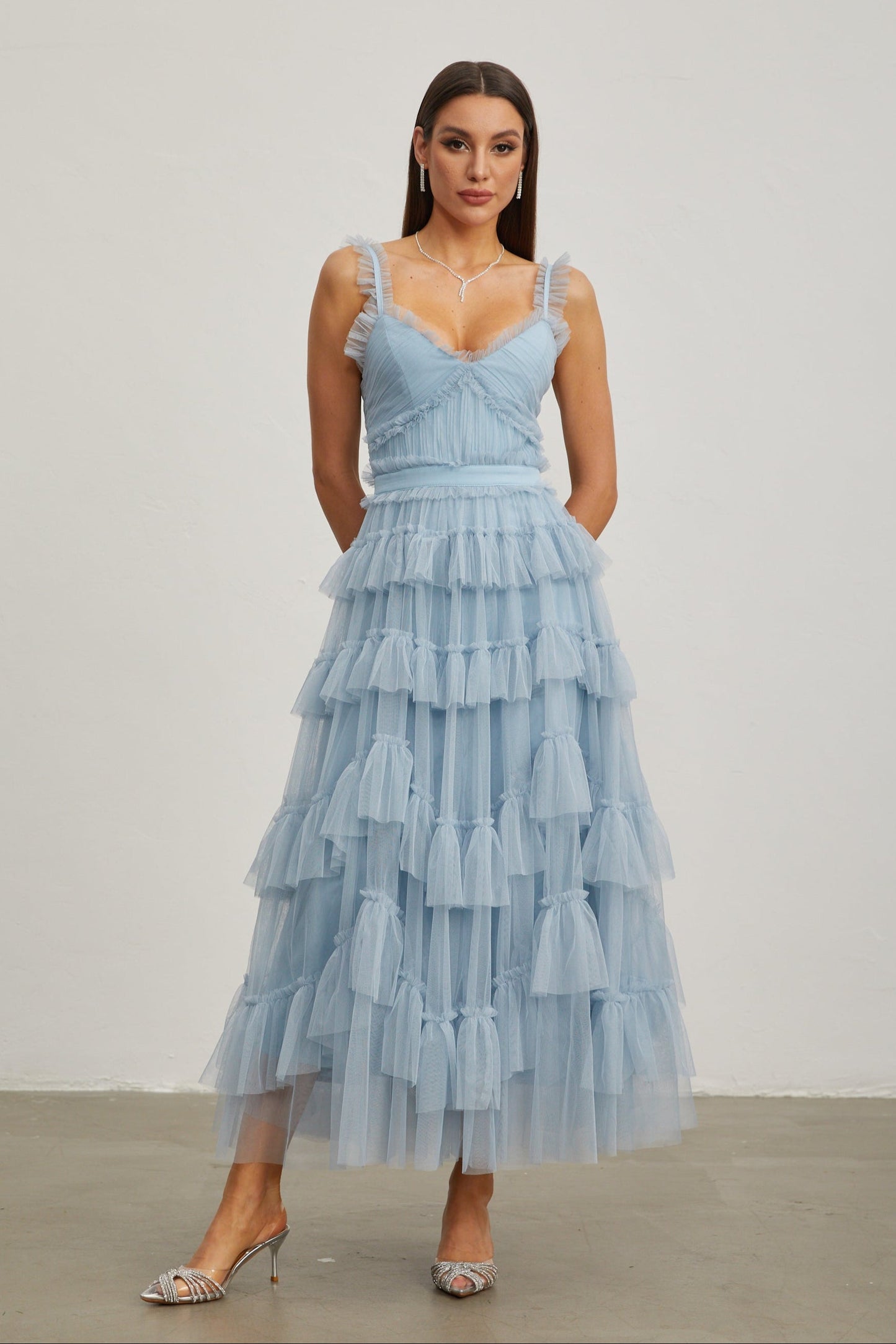 Norène Azure Ruffled Tül Uzun Elbise
