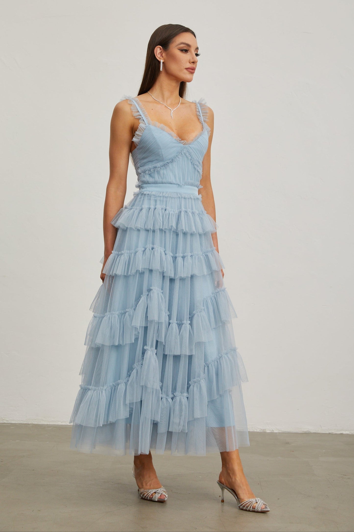 Norène Azure Ruffled Tül Uzun Elbise