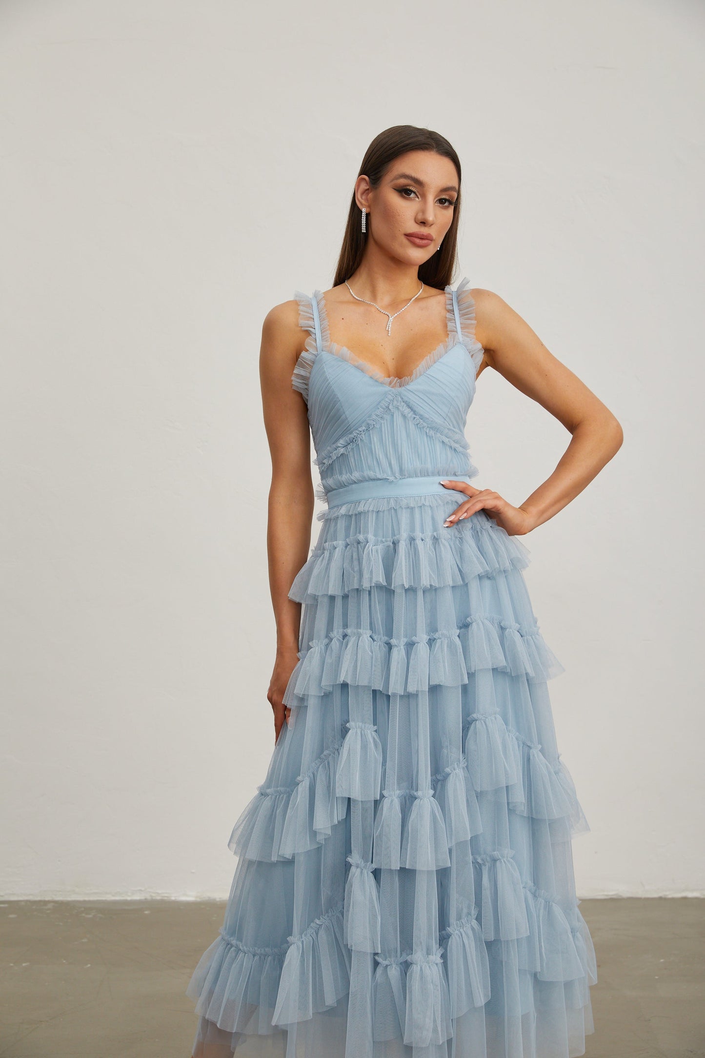 Norène Azure Ruffled Tül Uzun Elbise