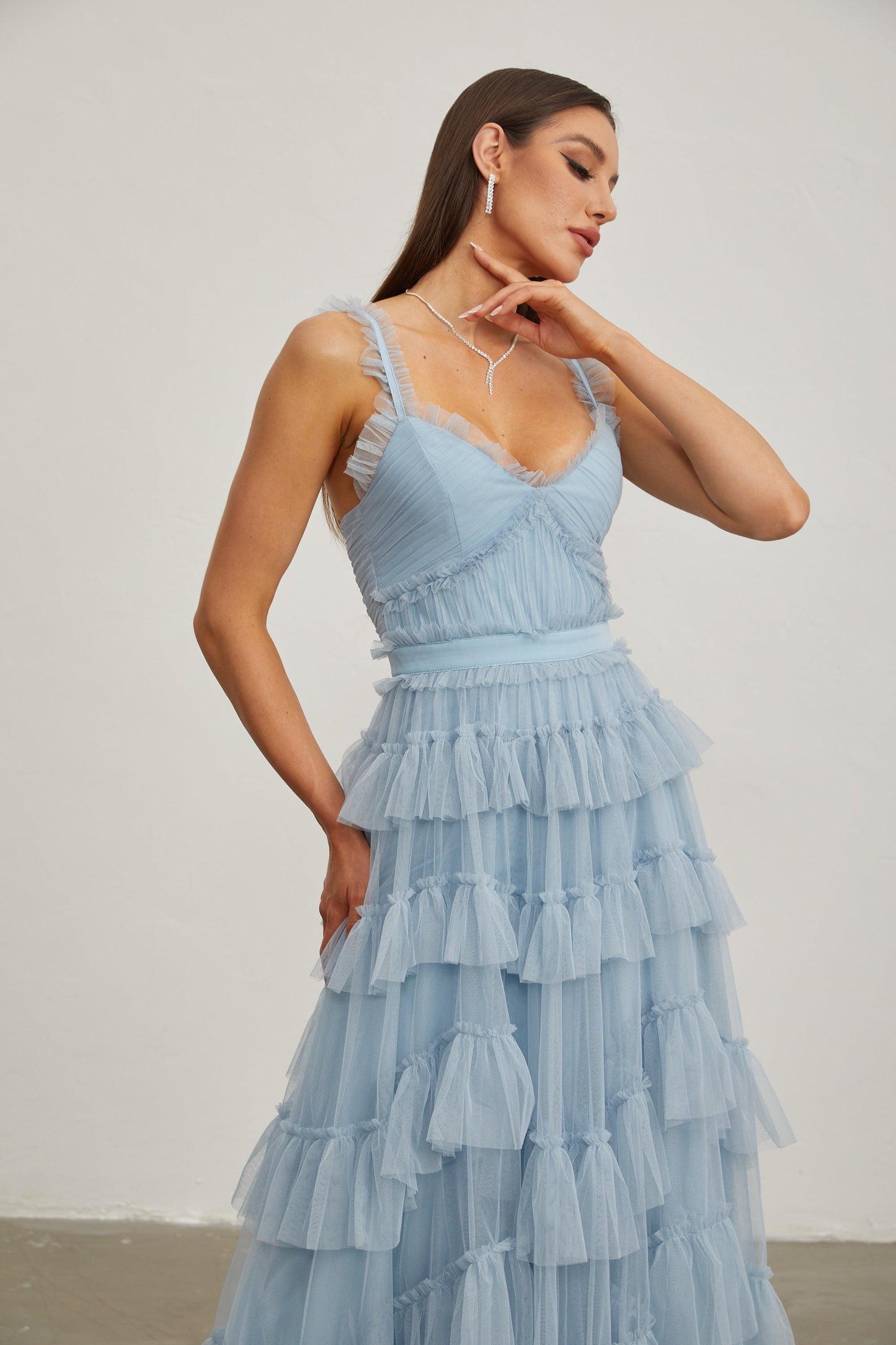 Norène Azure Ruffled Tül Uzun Elbise