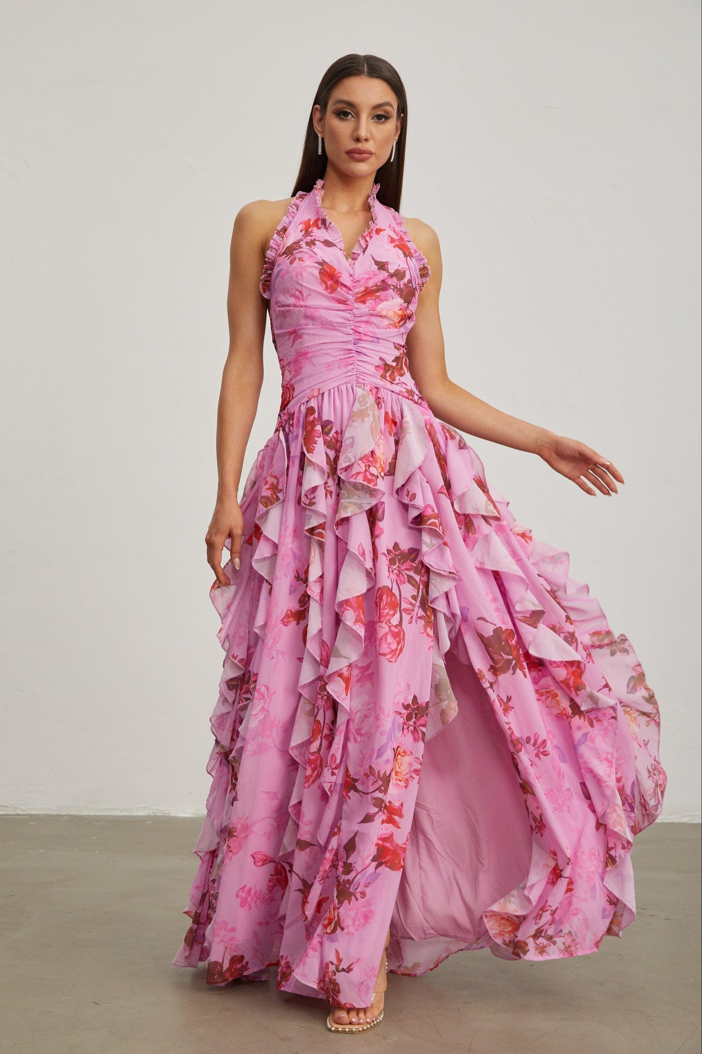 Eulalie Pembe Petal Ruffled Halter Uzun Elbise