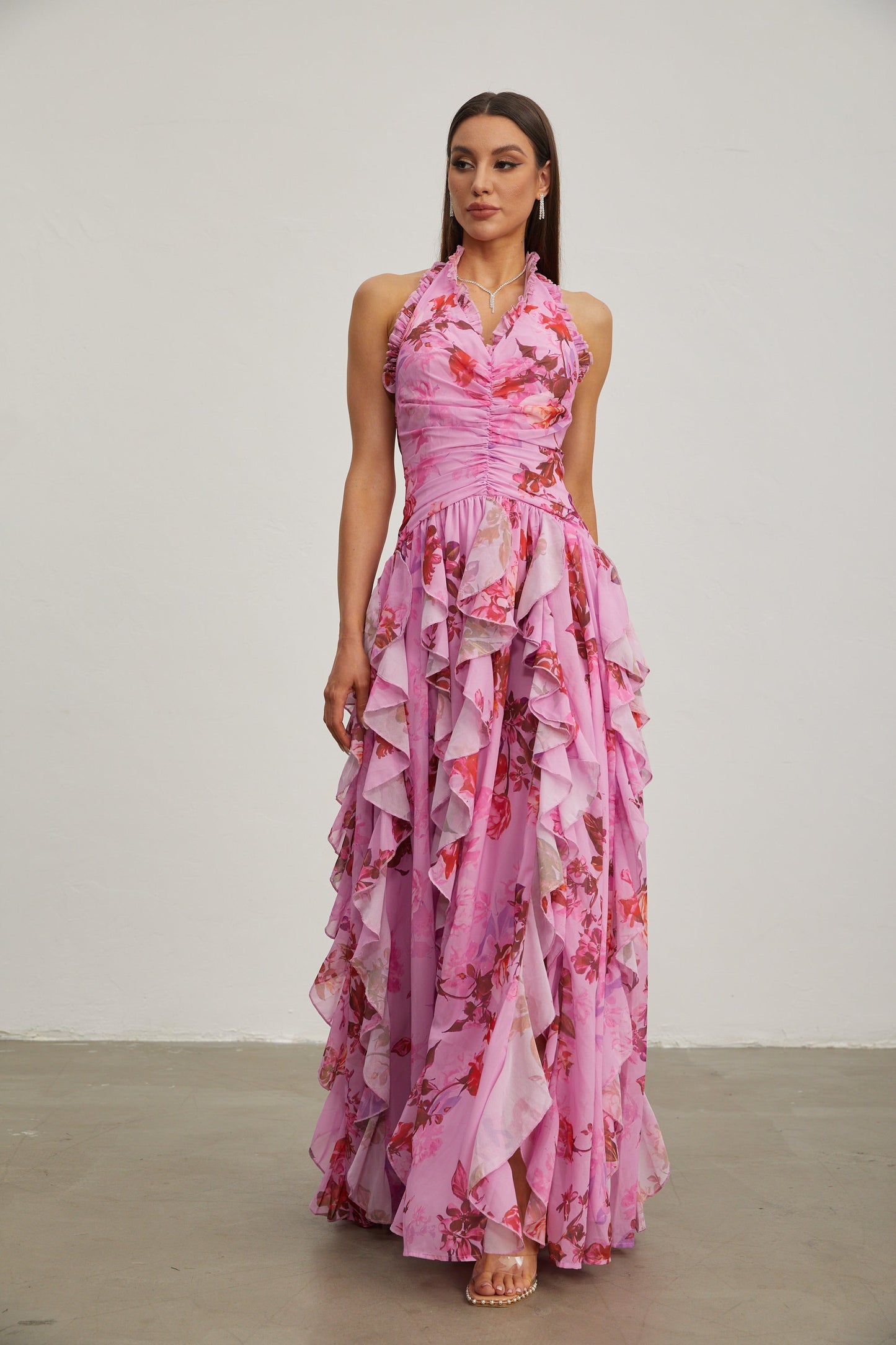 Eulalie Pembe Petal Ruffled Halter Uzun Elbise