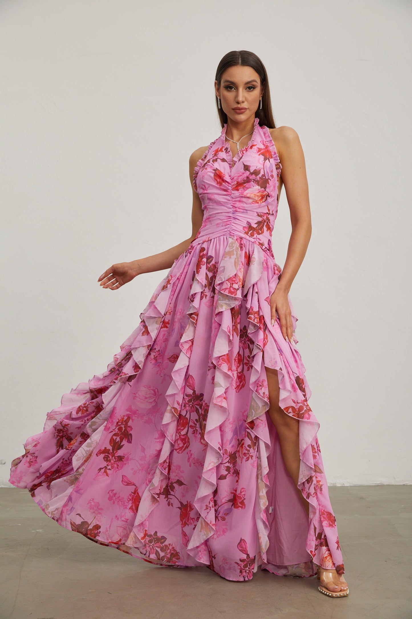 Eulalie Pembe Petal Ruffled Halter Uzun Elbise