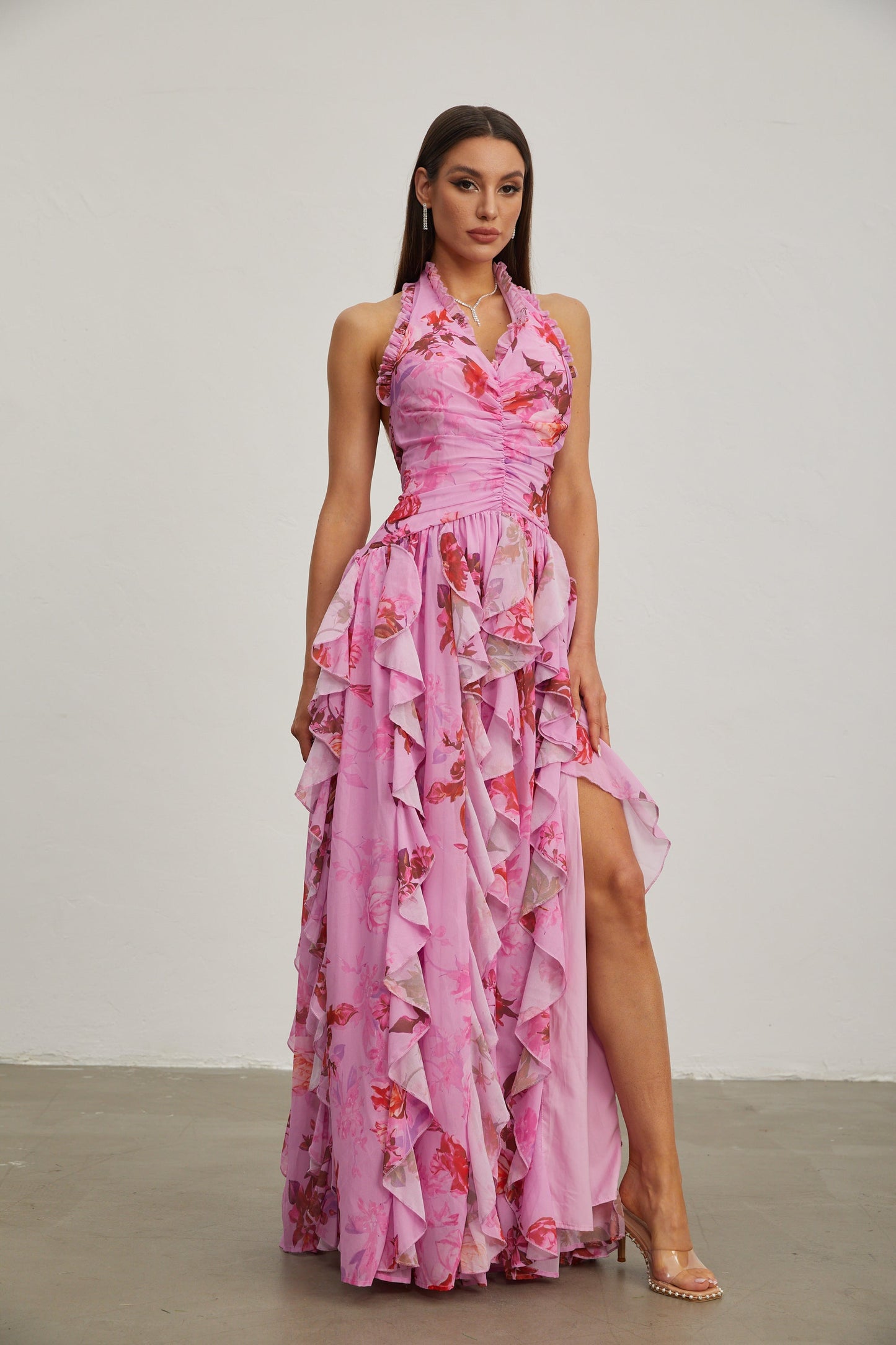 Eulalie Pembe Petal Ruffled Halter Uzun Elbise