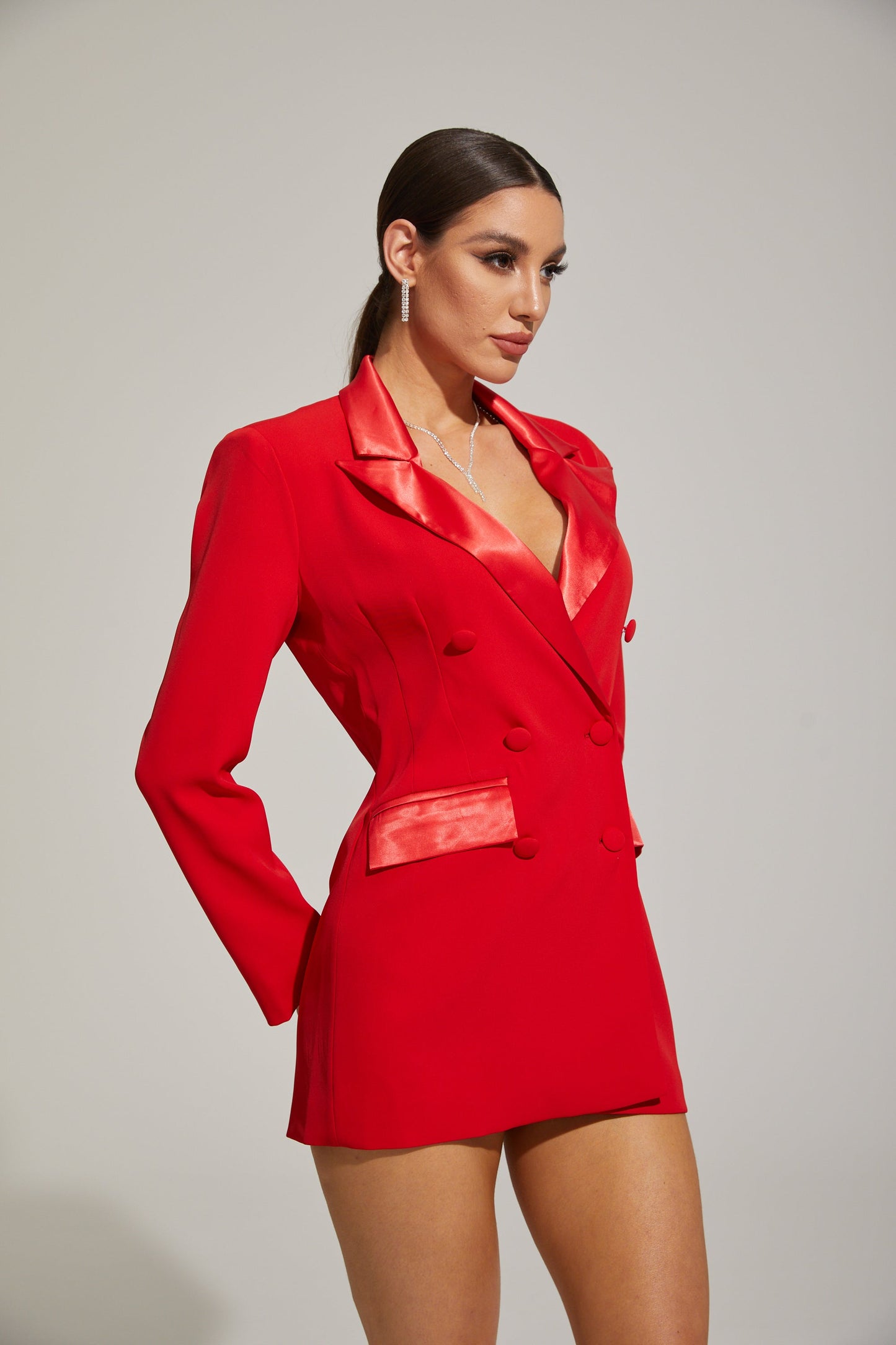 Ursule Scarlet Saten Çift Yaka Blazer