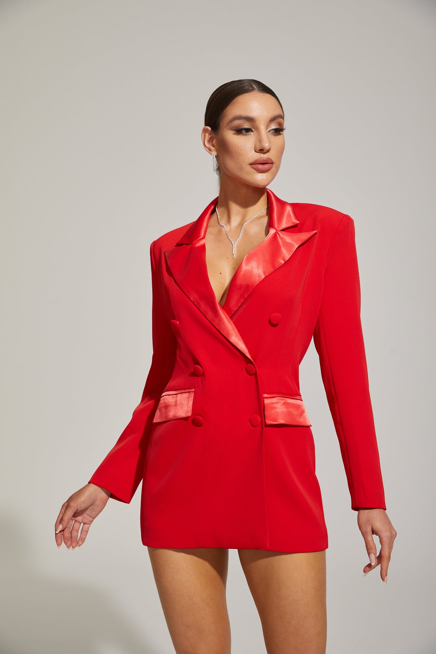 Ursule Scarlet Saten Çift Yaka Blazer
