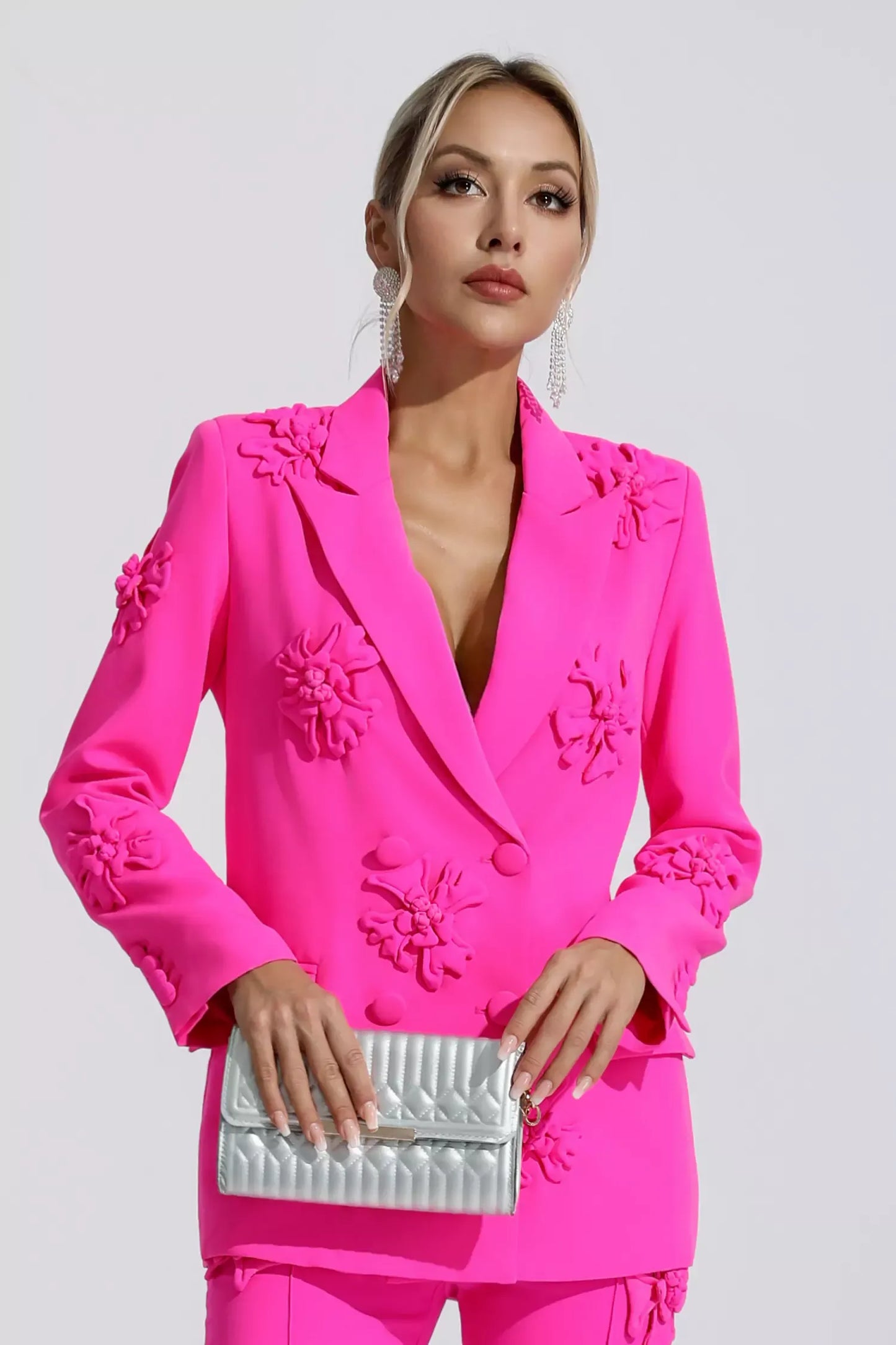 Ari Pembe Jakarlı Çiçekli Blazer Takımı