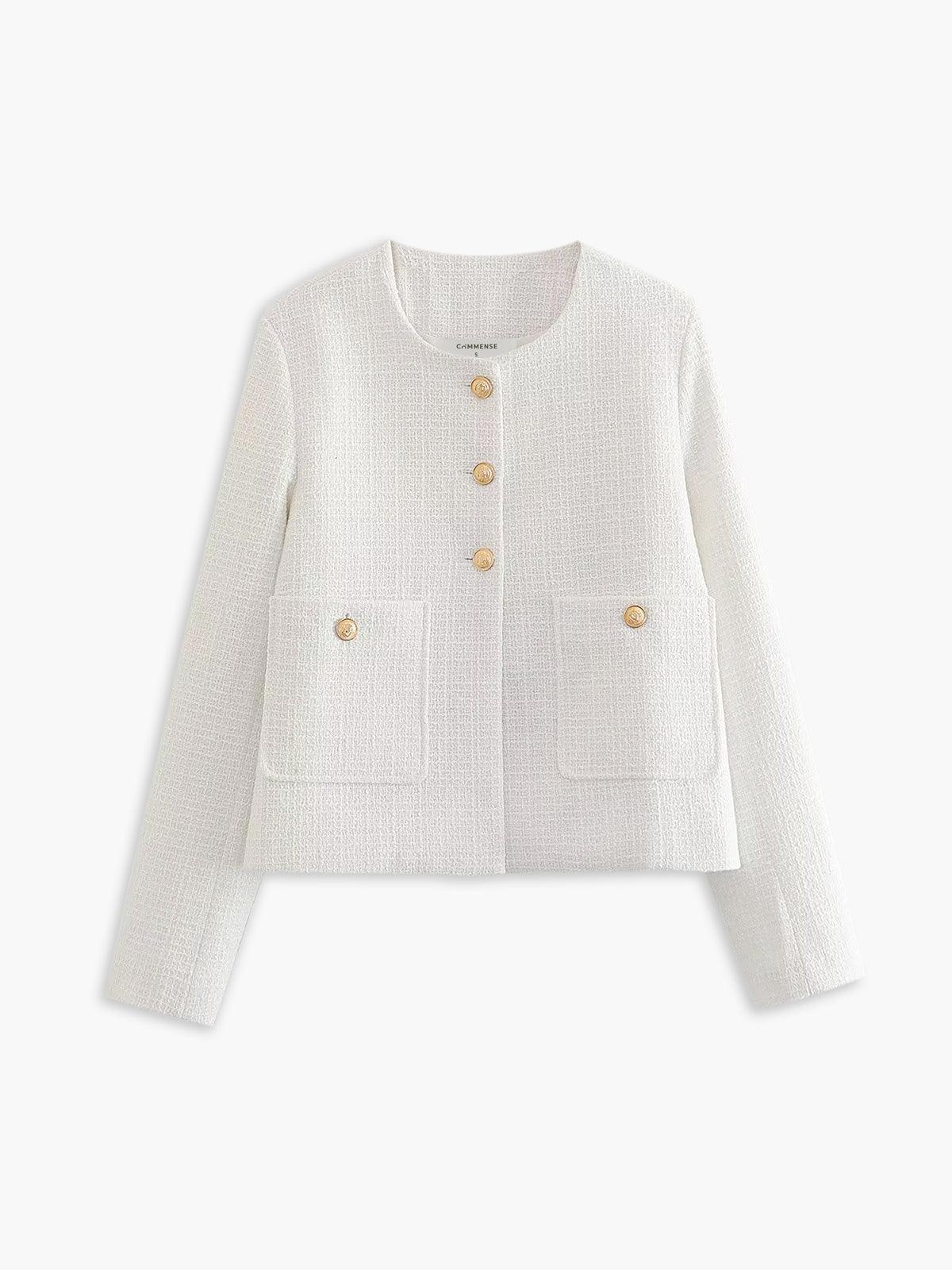 Altın Düğme Detaylı Siyah Kısa Tweed Ceket