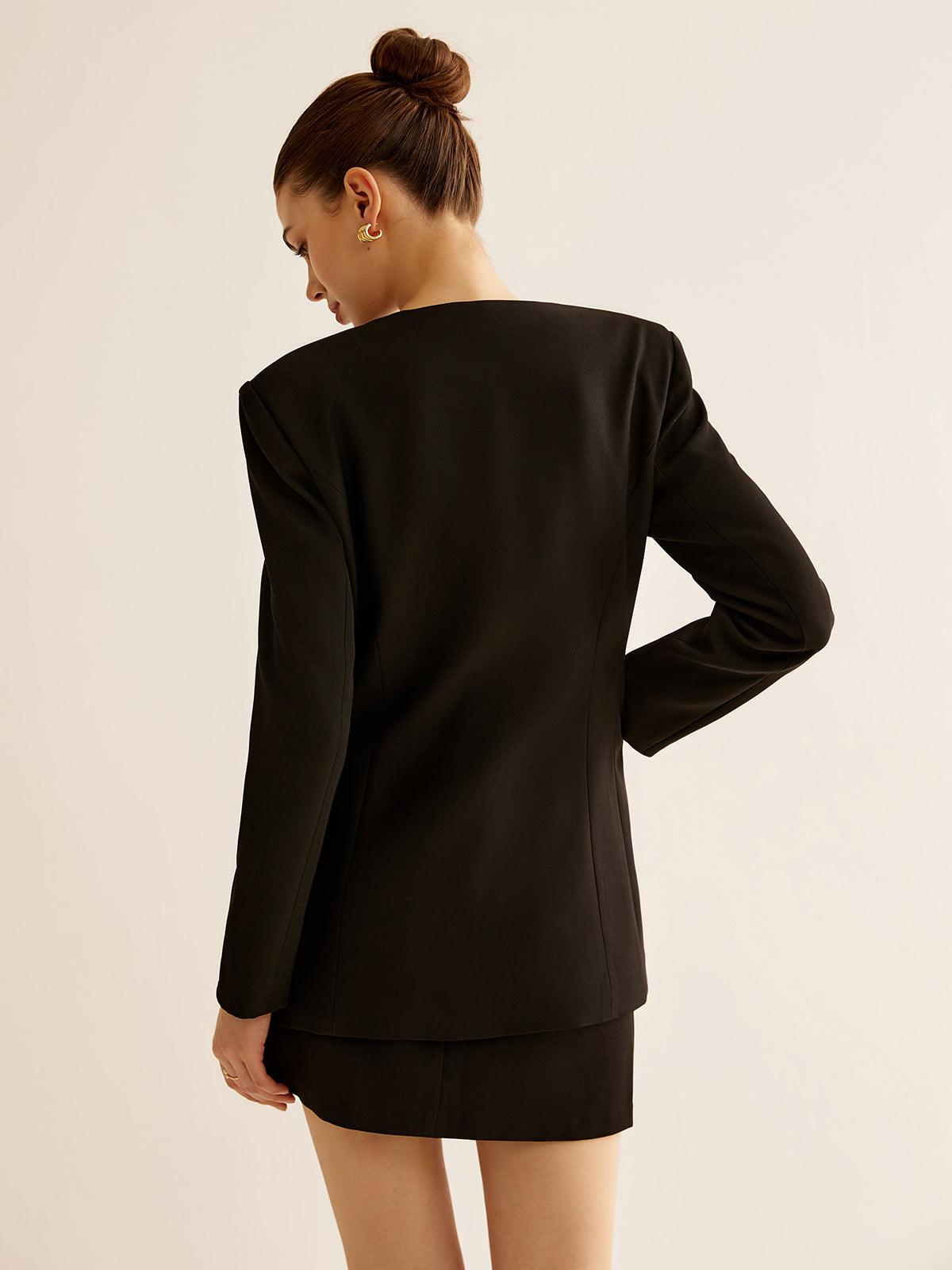 Altın Düğme Detaylı Siyah Mini Blazer Elbise