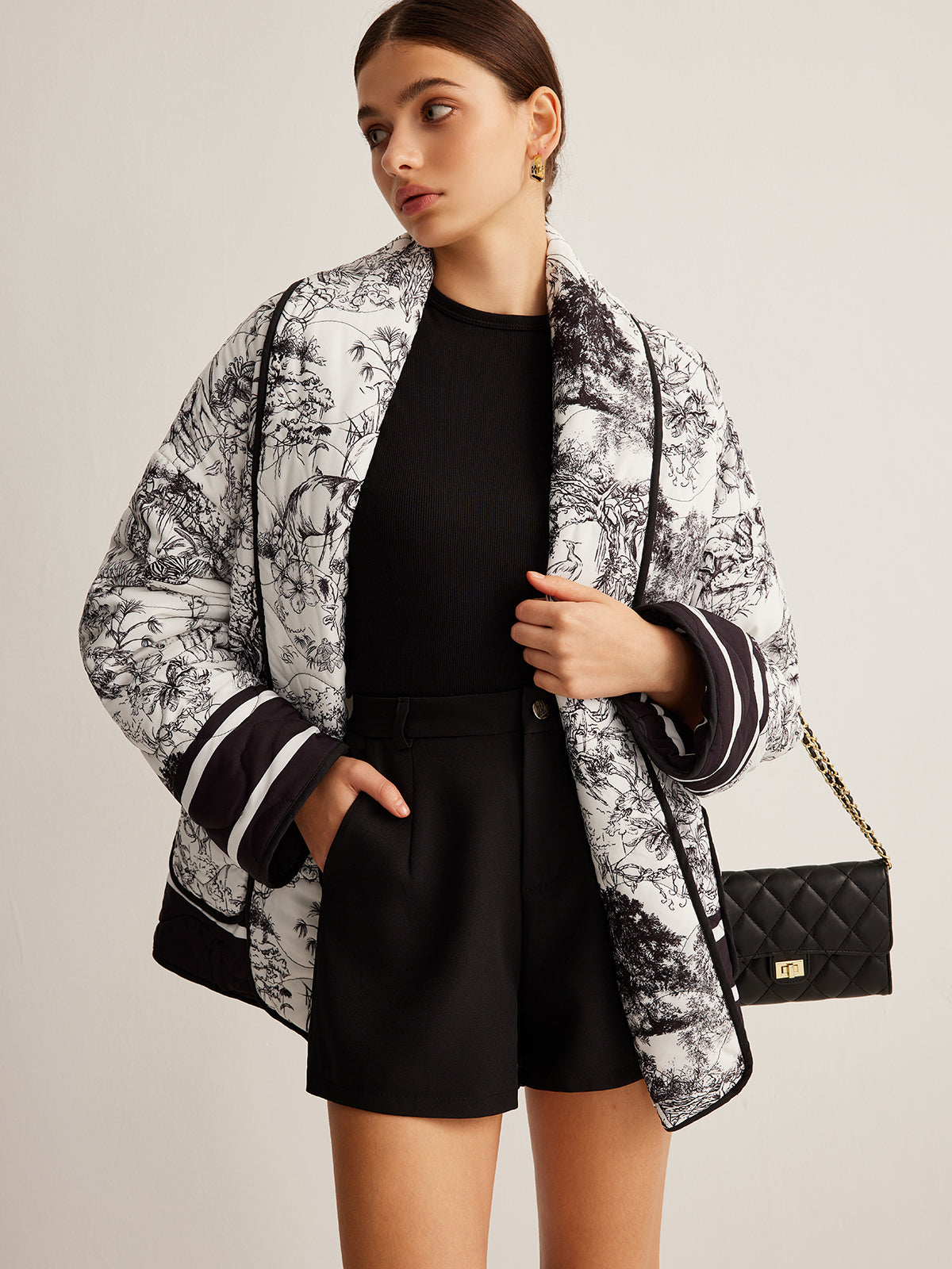 Desenli Kuşaklı Oversize Mont