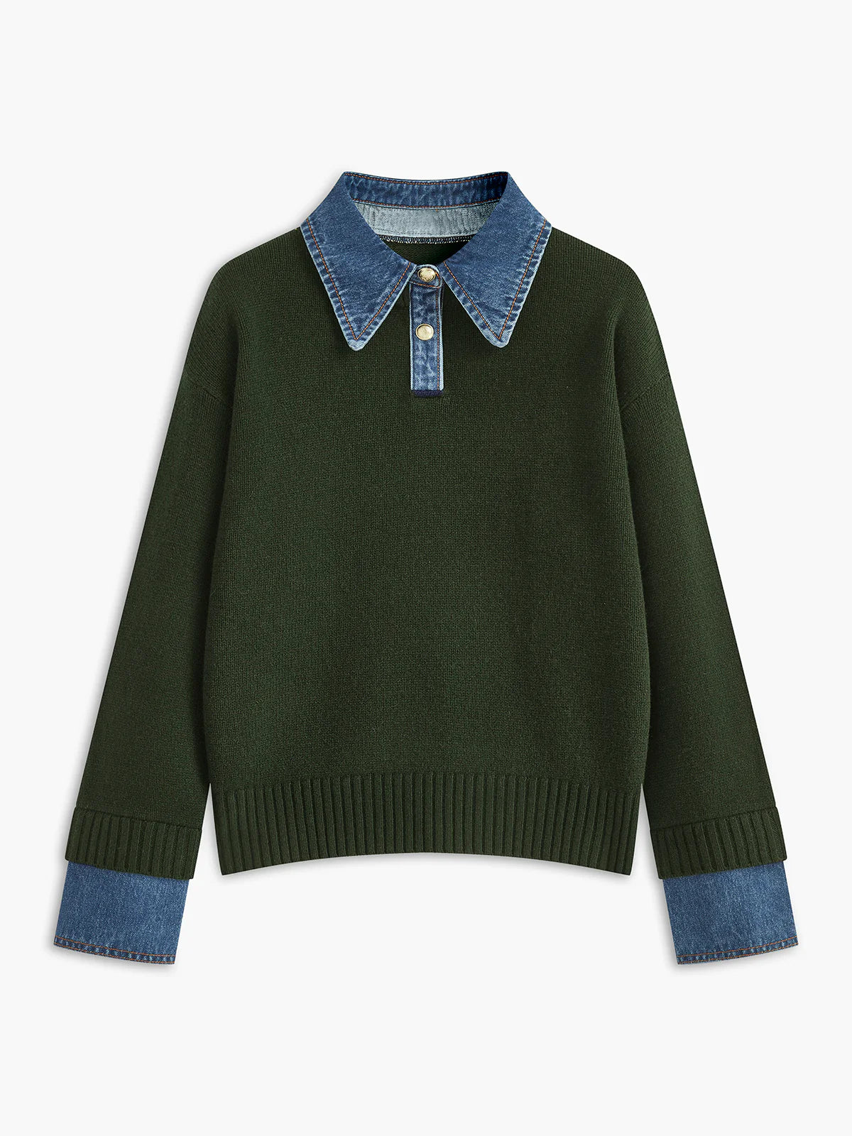 Denim Detaylı Triko Kazak