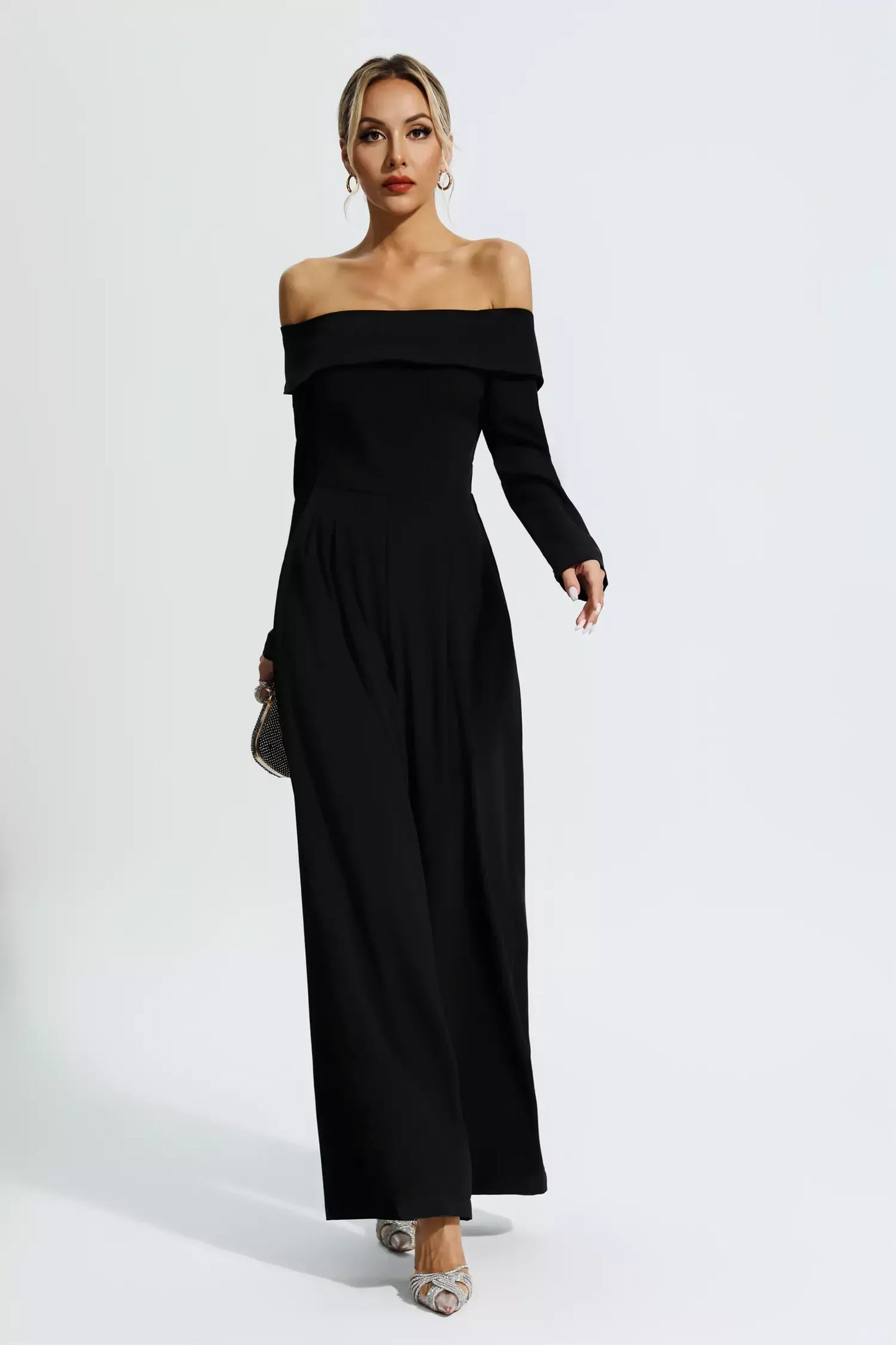 Cassidy Siyah Omuz Açık Drape Tulum