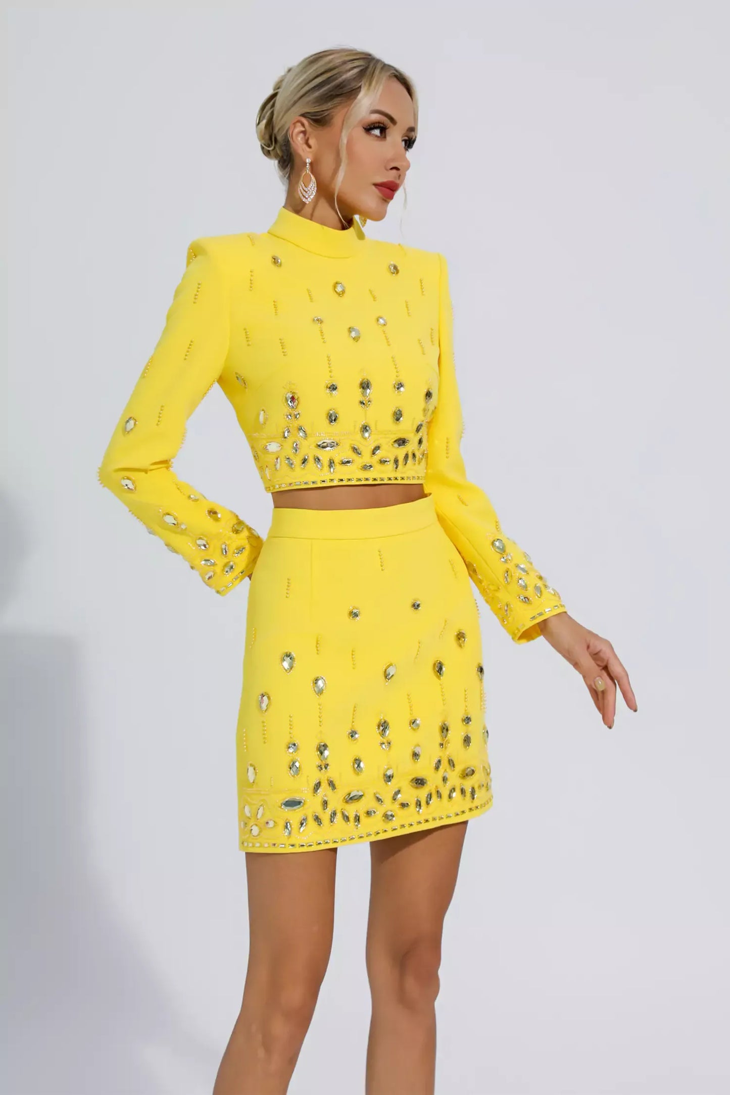 Cecelia Sarı Kristal Süslemeli Set