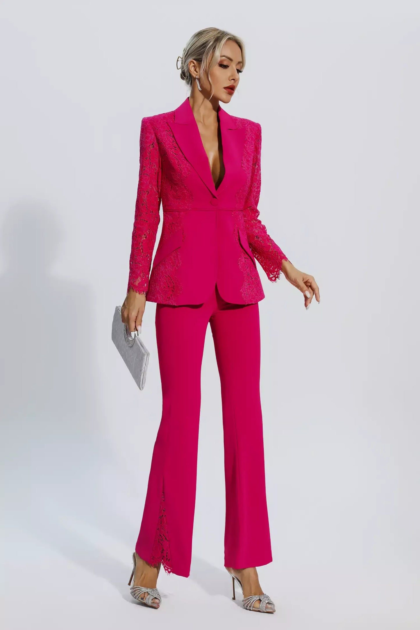 Emory Rose Kırmızı Çiçekli Dantel Blazer Takımı