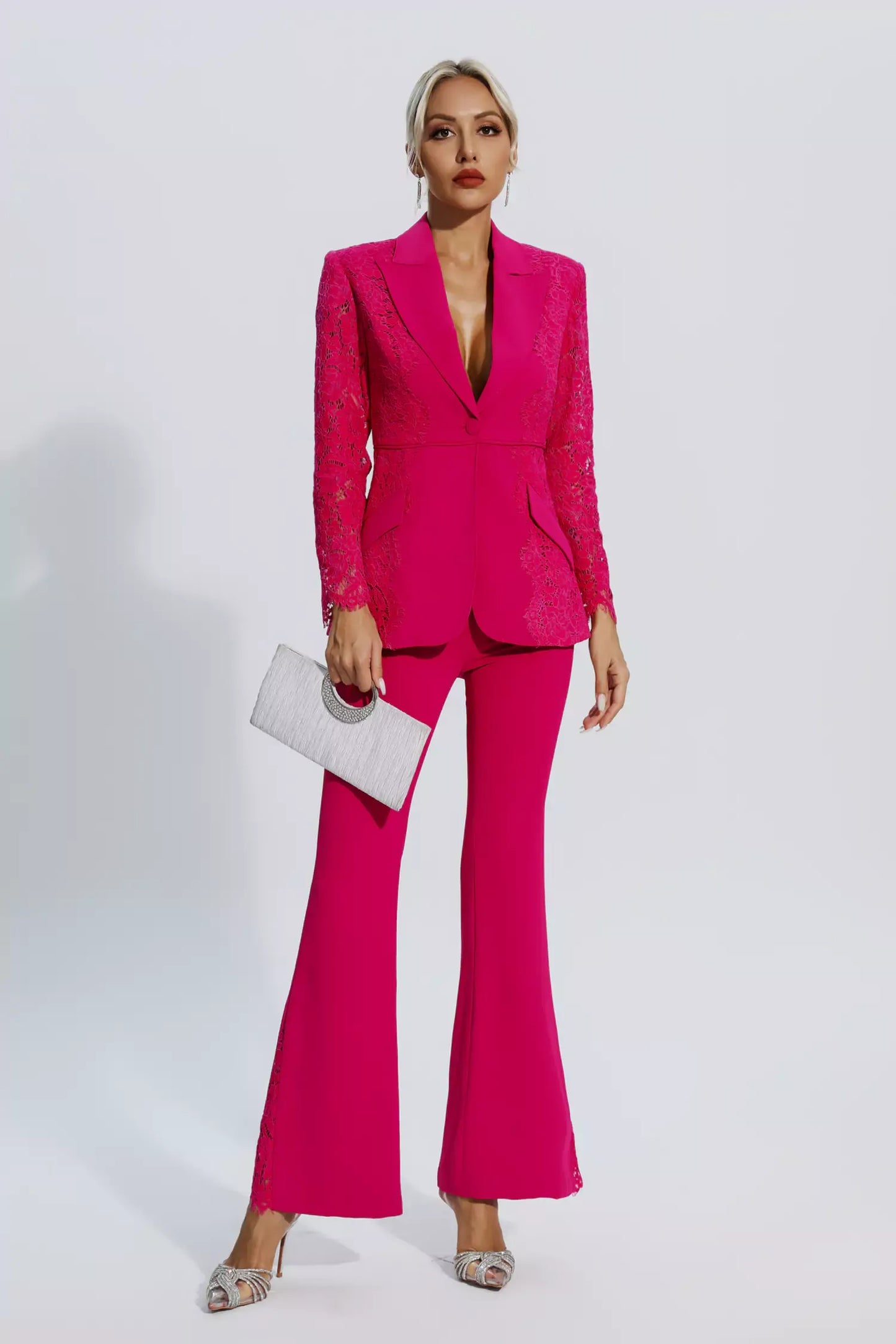 Emory Rose Kırmızı Çiçekli Dantel Blazer Takımı