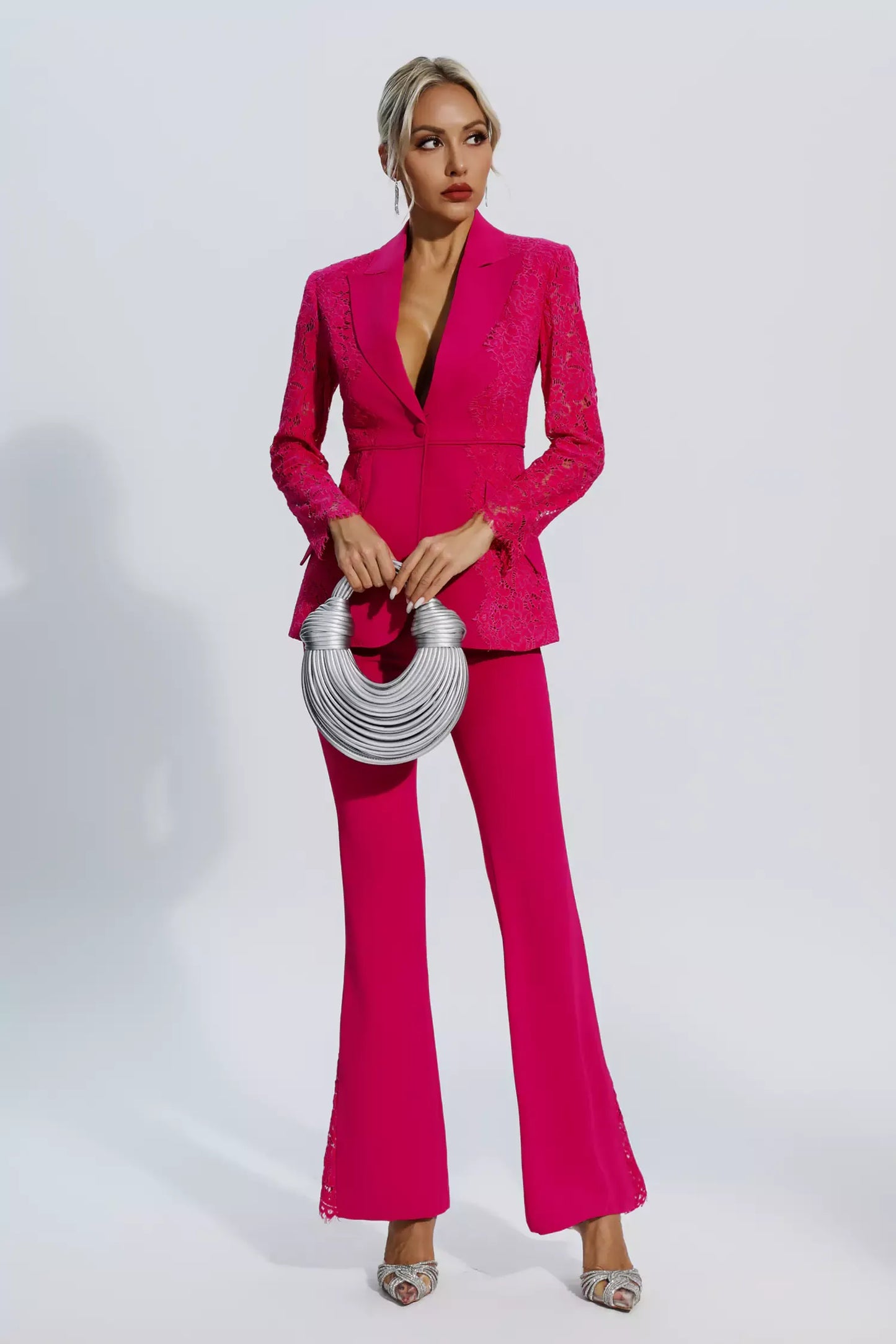 Emory Rose Kırmızı Çiçekli Dantel Blazer Takımı
