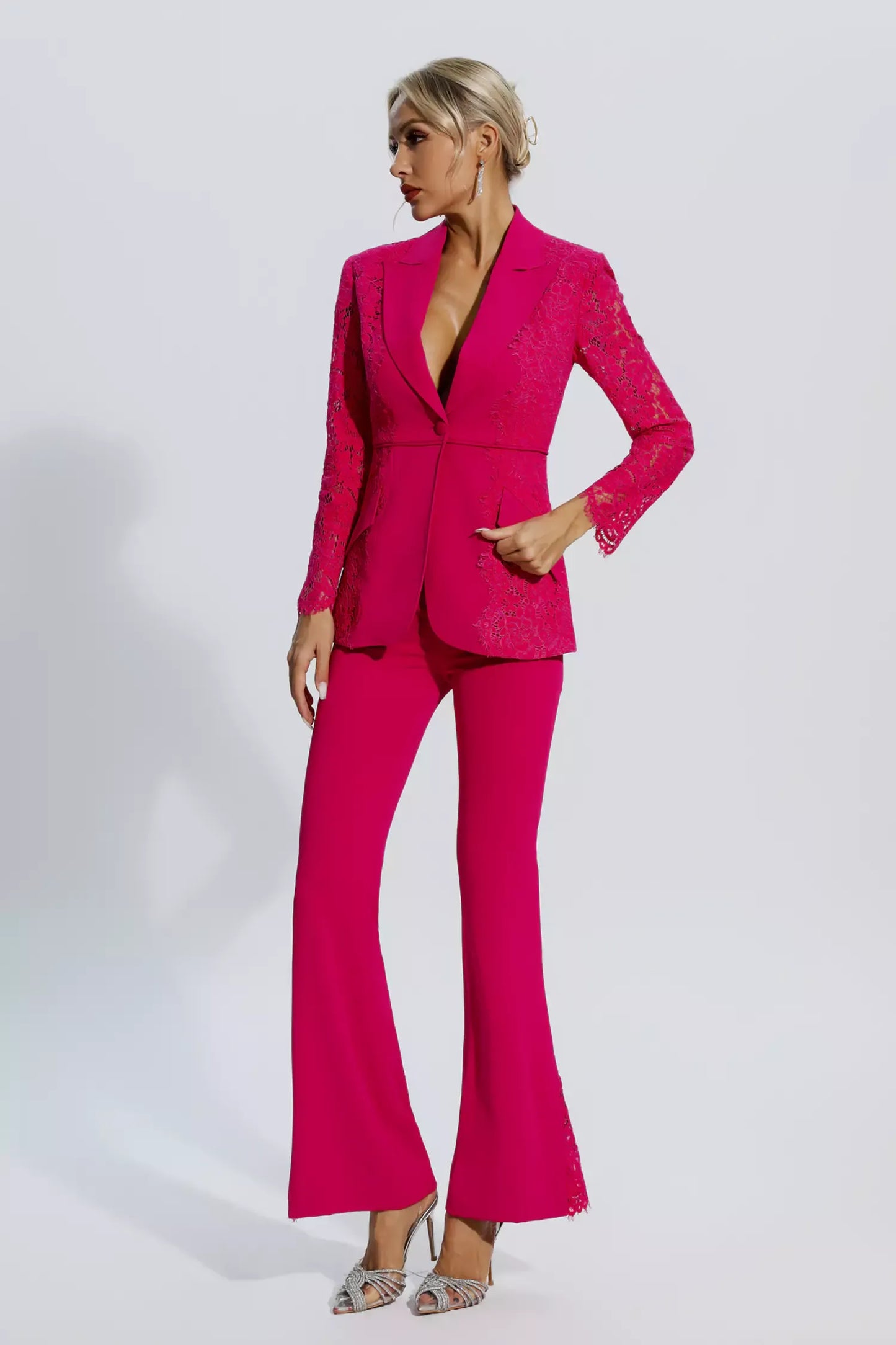 Emory Rose Kırmızı Çiçekli Dantel Blazer Takımı