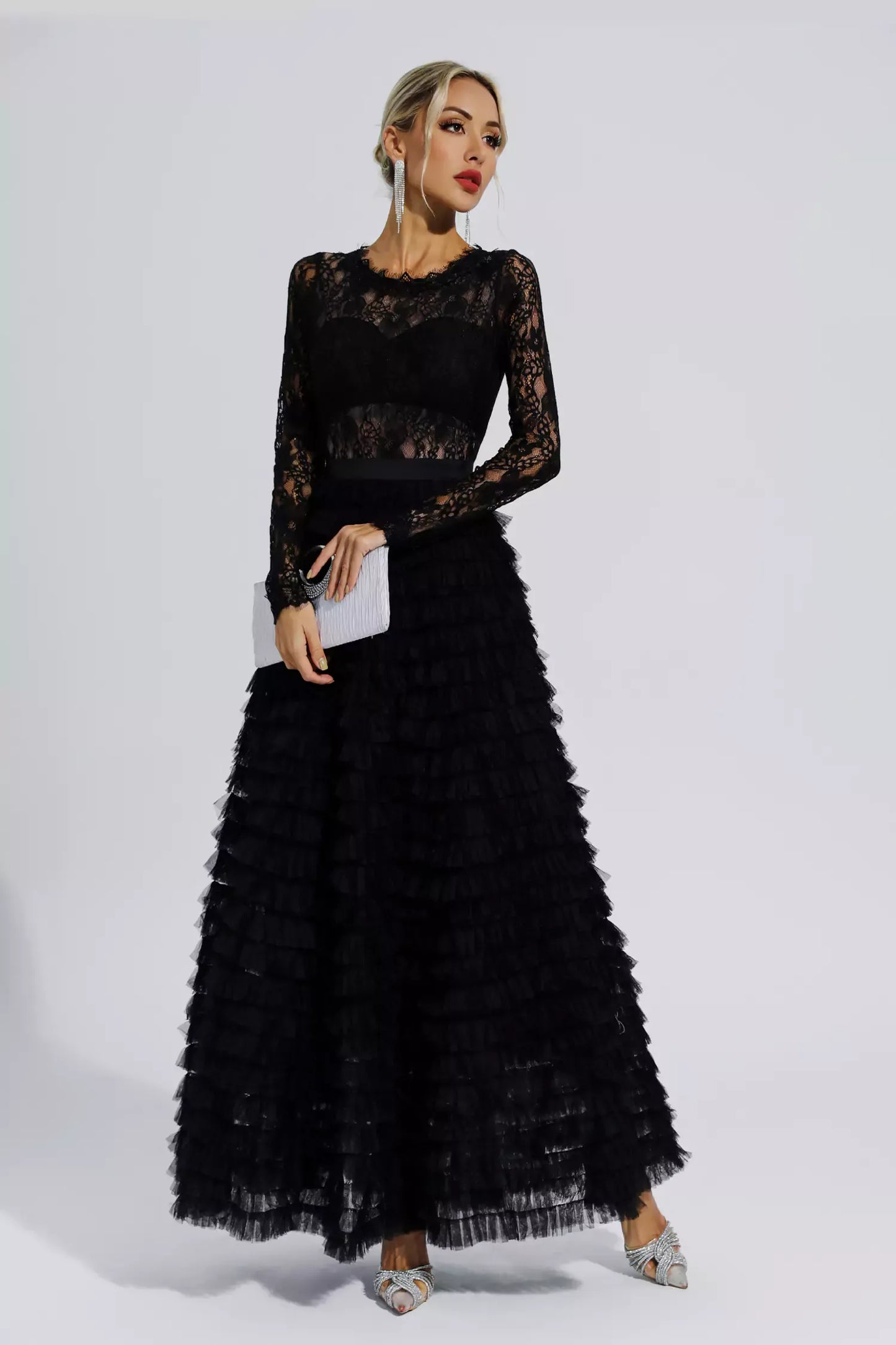 Jayleen Siyah Hollow Lace A Kesim Uzun Elbise