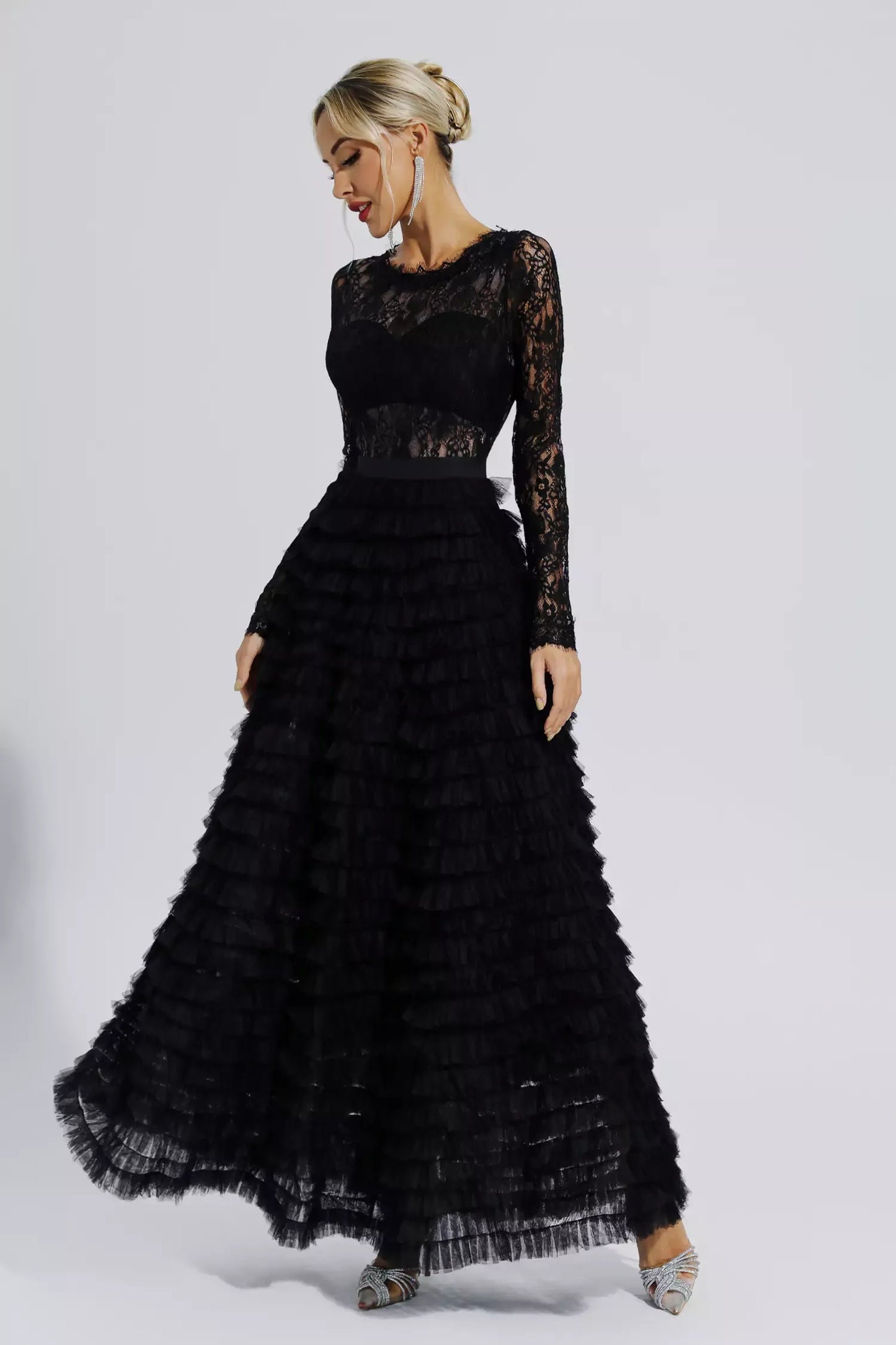 Jayleen Siyah Hollow Lace A Kesim Uzun Elbise