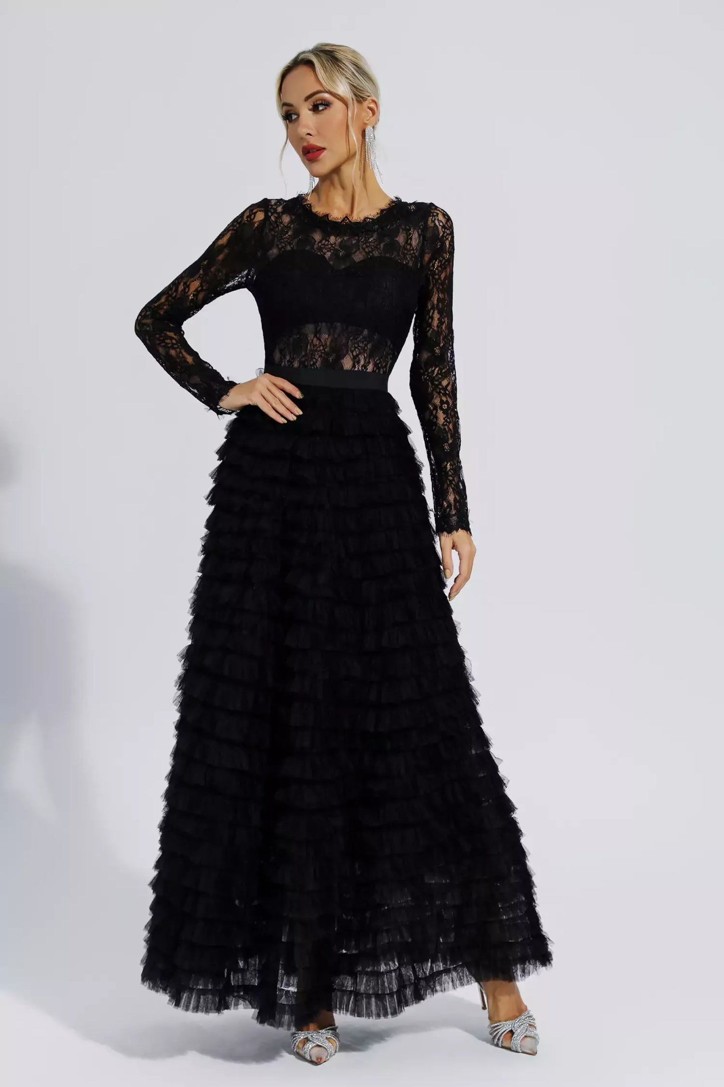 Jayleen Siyah Hollow Lace A Kesim Uzun Elbise