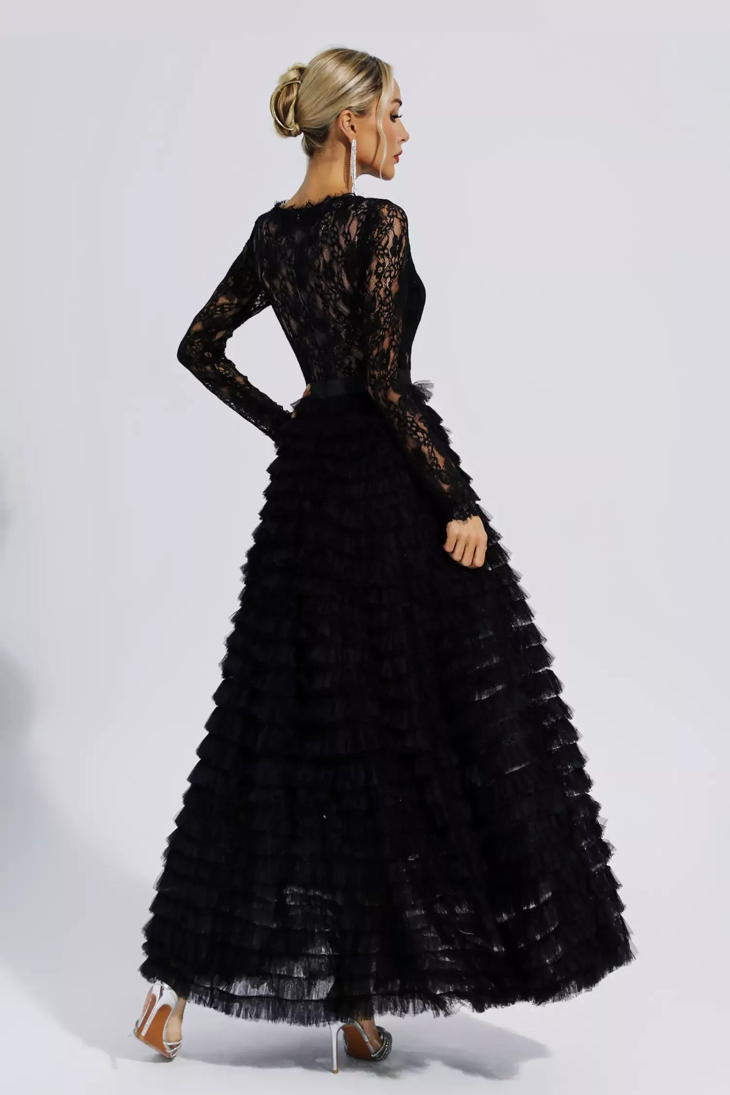 Jayleen Siyah Hollow Lace A Kesim Uzun Elbise