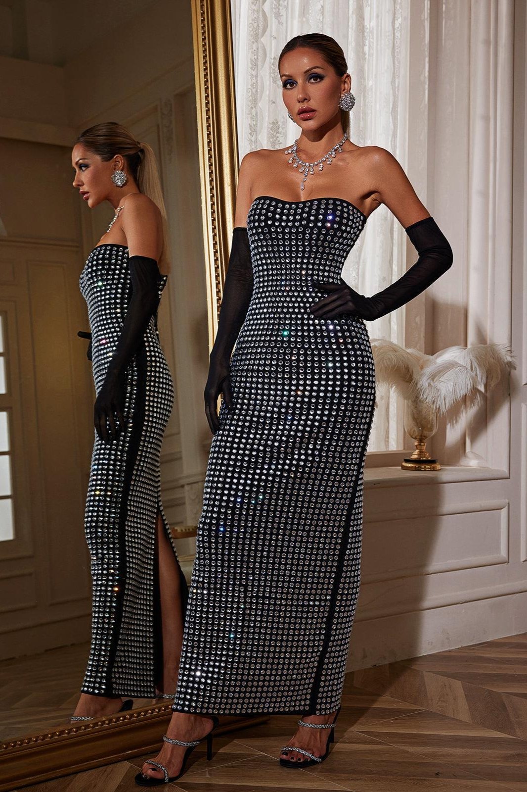 Khy Rhinestone Bandaj Uzun Elbise Eldivenli
