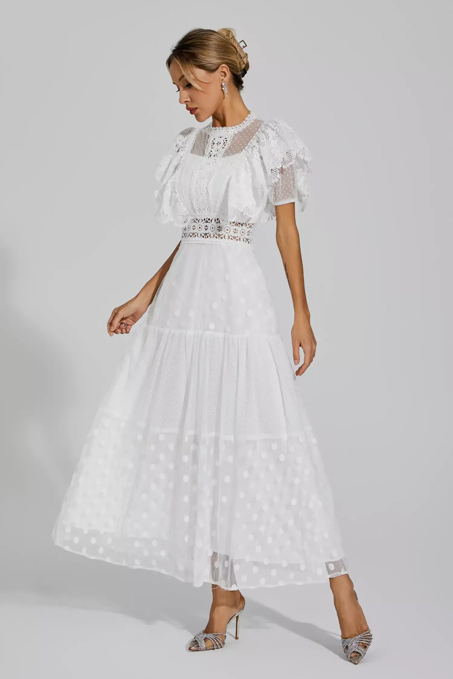 Noor Beyaz Polka Dot Uzun Elbise