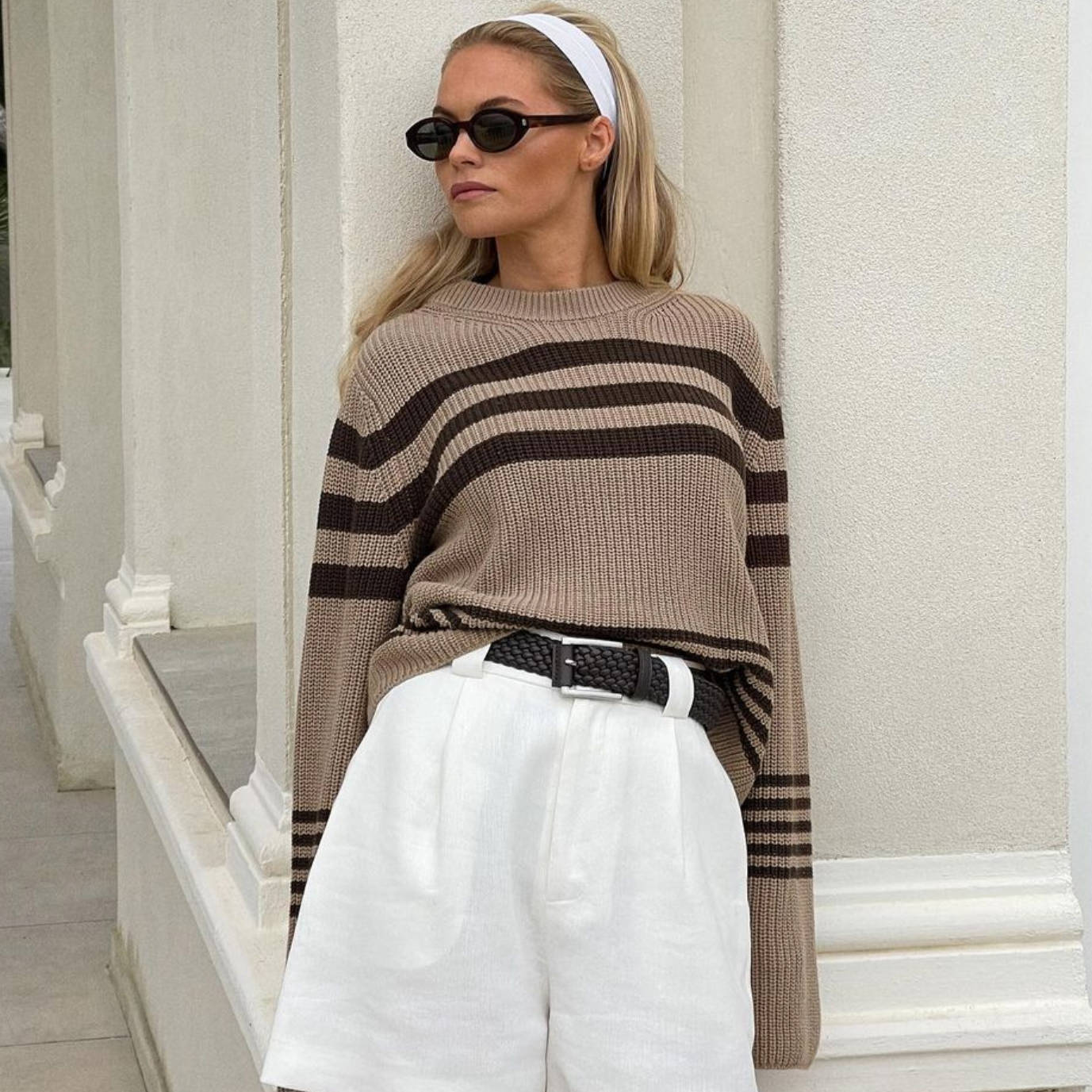 Kahverengi Çizgili Oversize Triko Kazak
