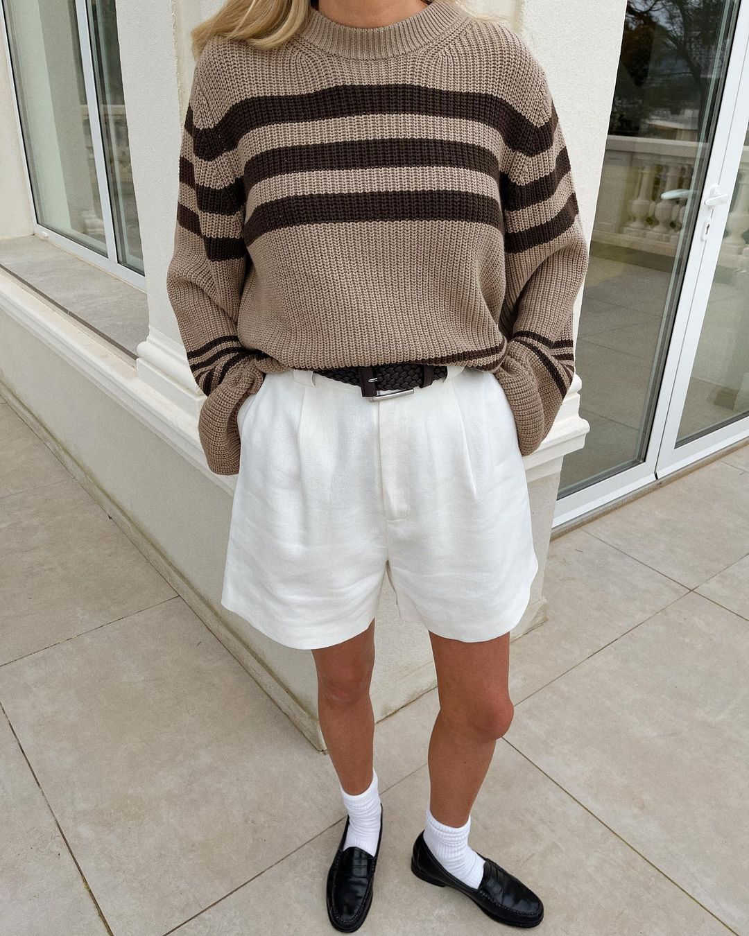 Kahverengi Çizgili Oversize Triko Kazak