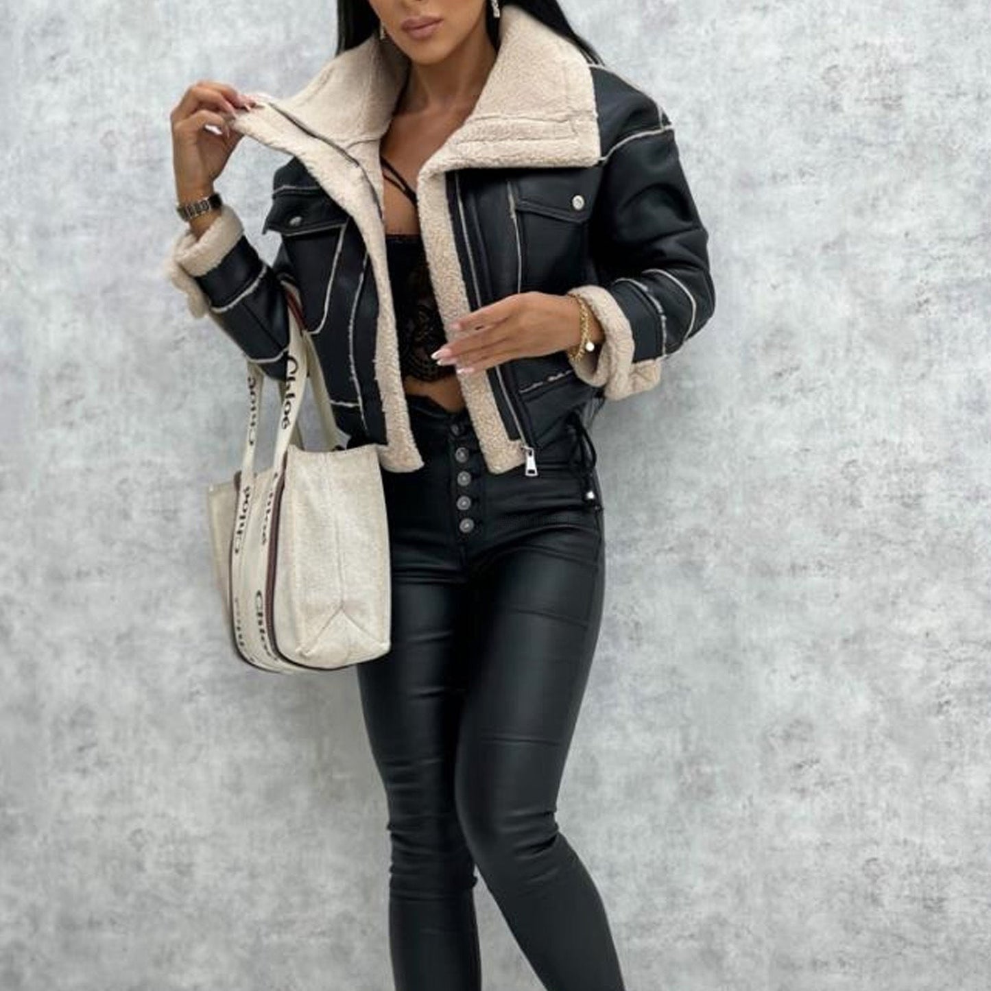 Siyah Shearling Deri Mont