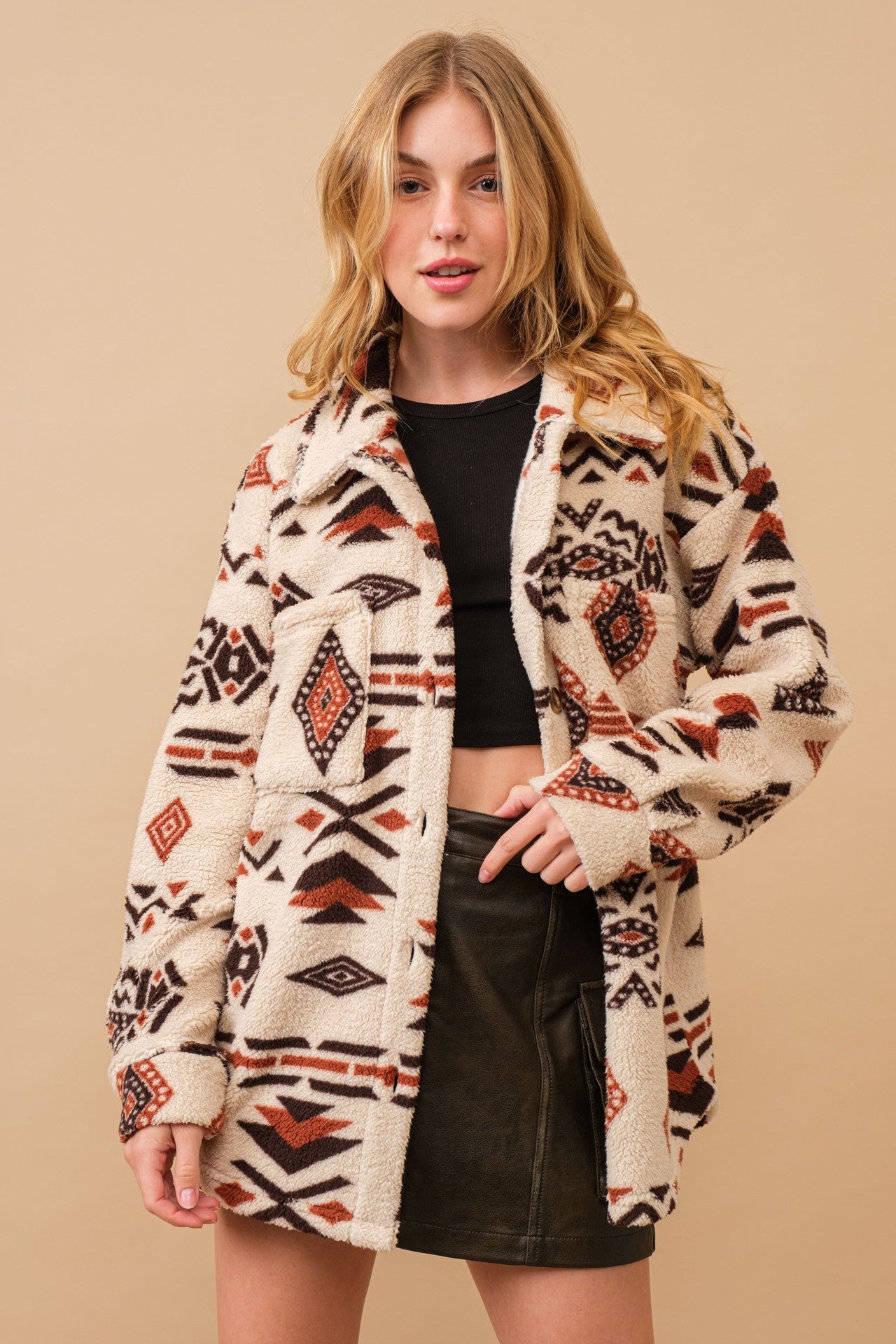 Etnik Desenli Yeşil Oversize Polar Ceket