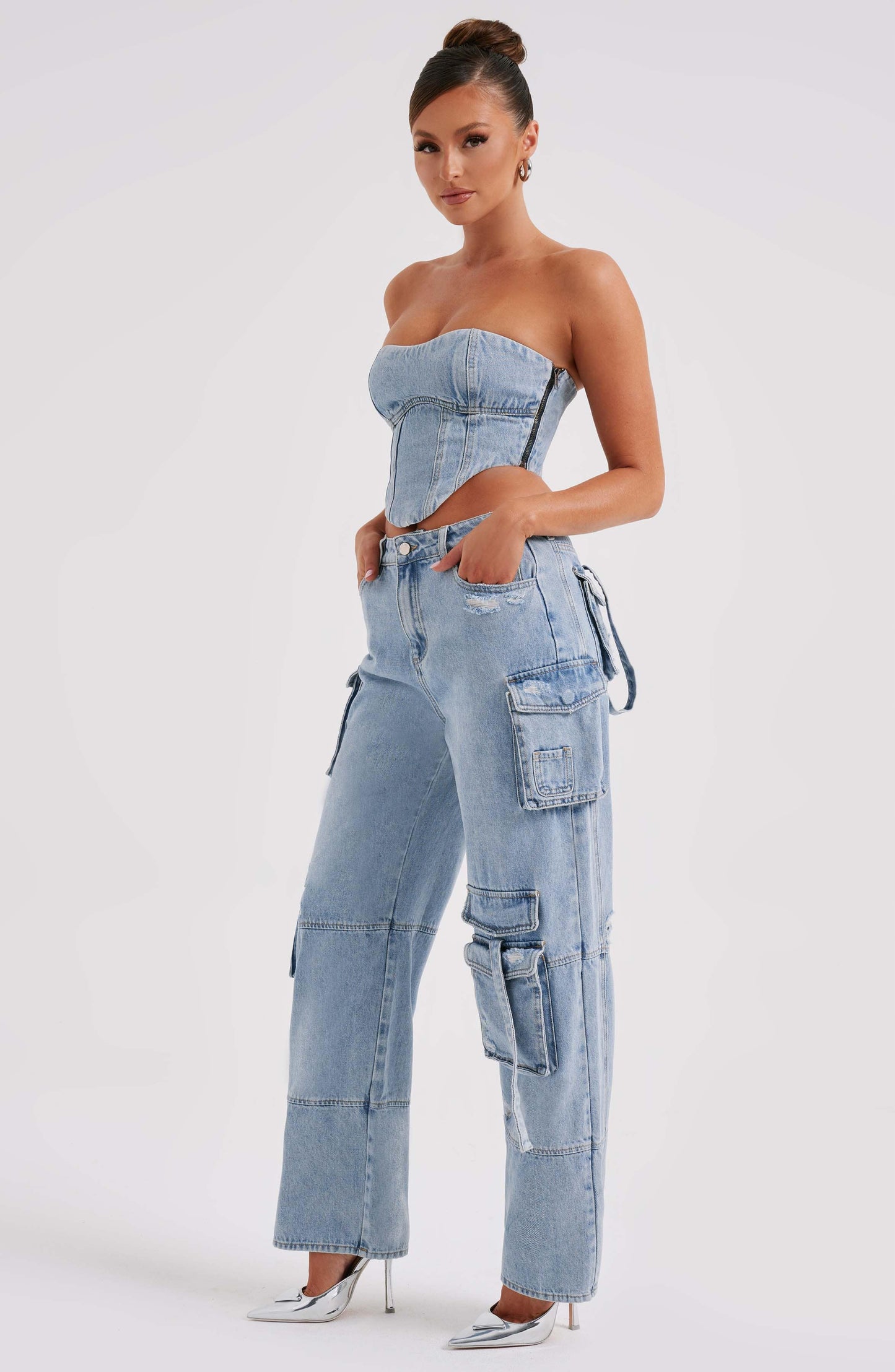 Cepli Bağcıklı Denim Kargo Pantolon