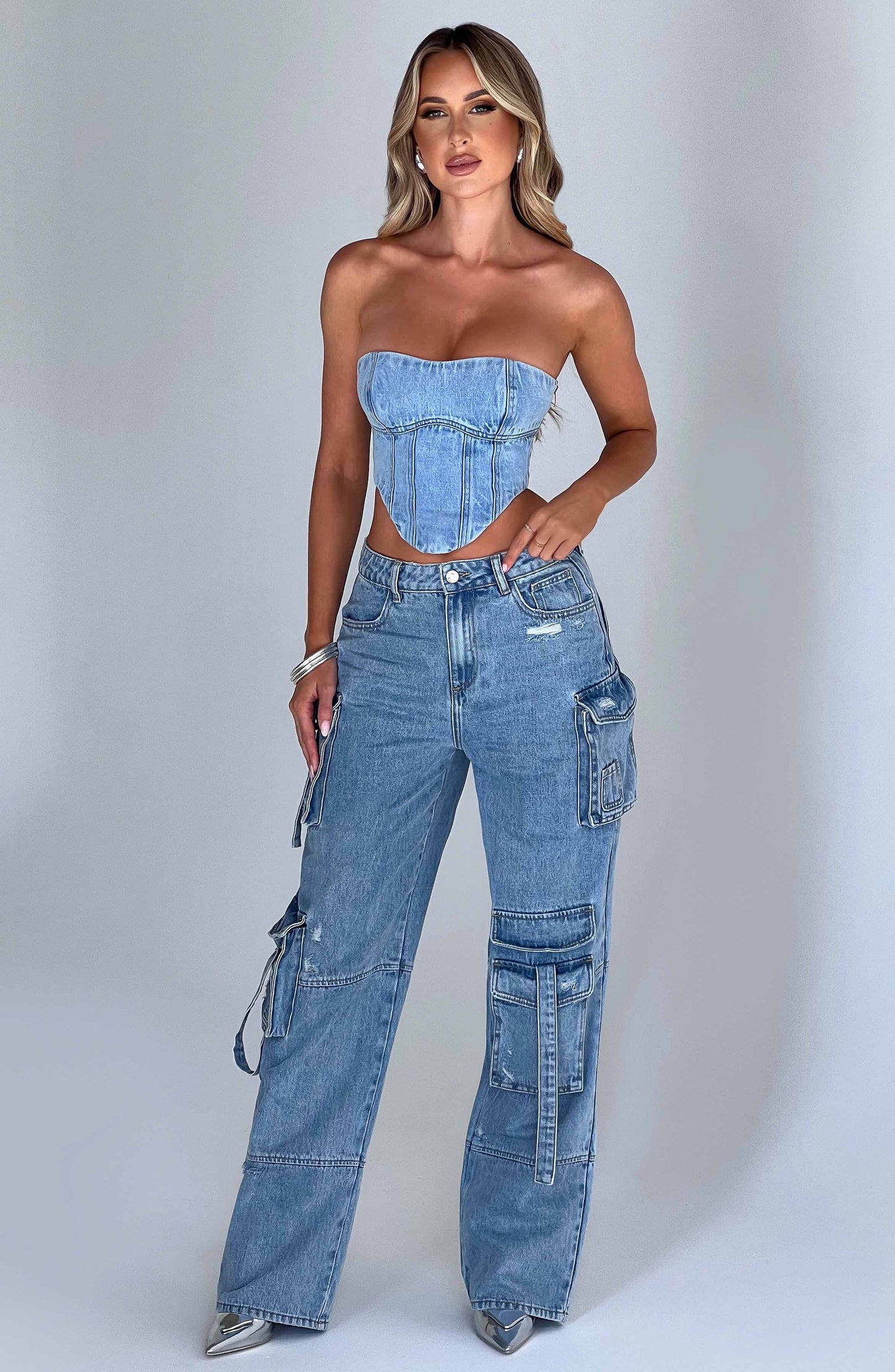 Cepli Bağcıklı Denim Kargo Pantolon