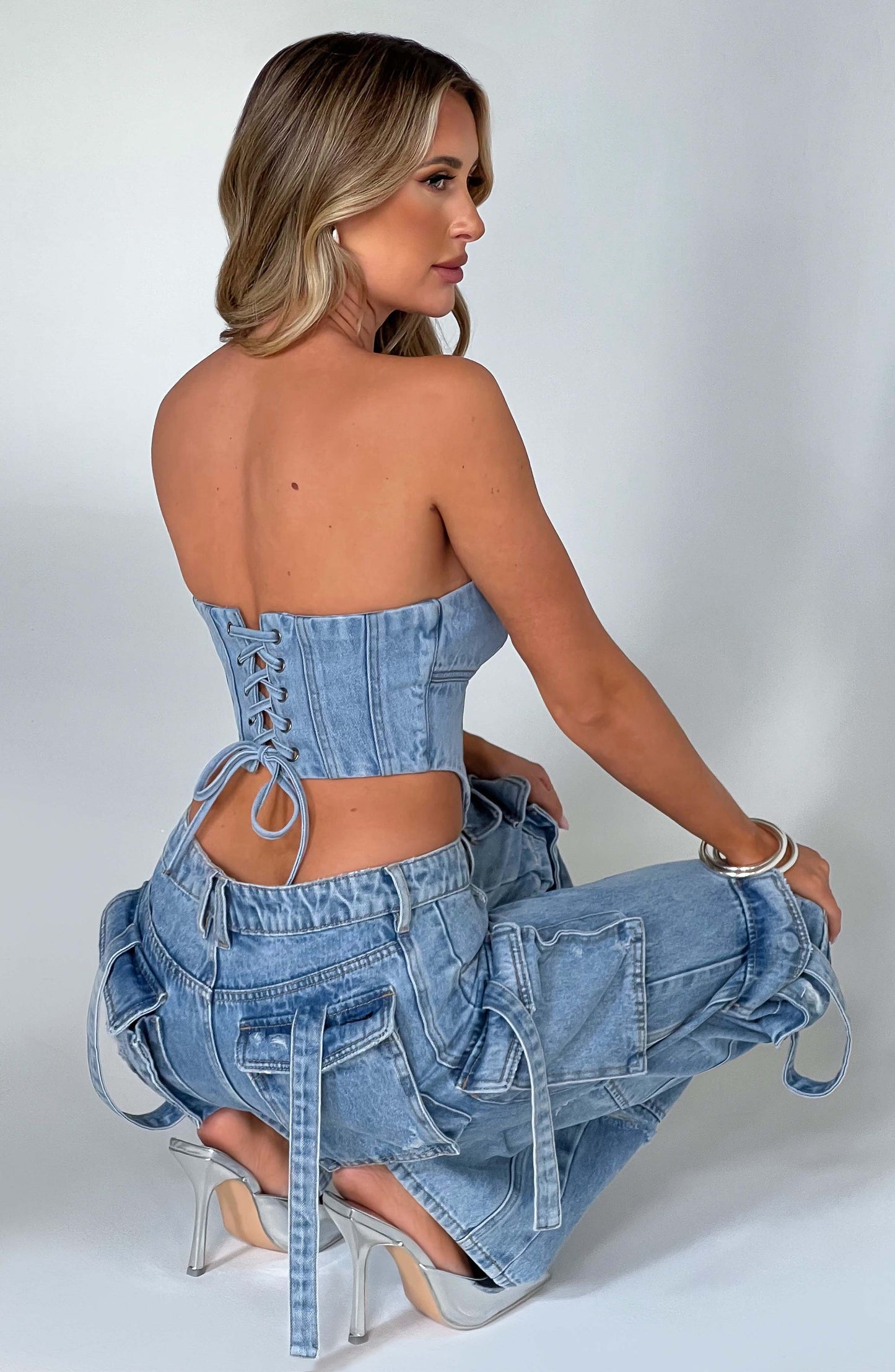 Cepli Bağcıklı Denim Kargo Pantolon