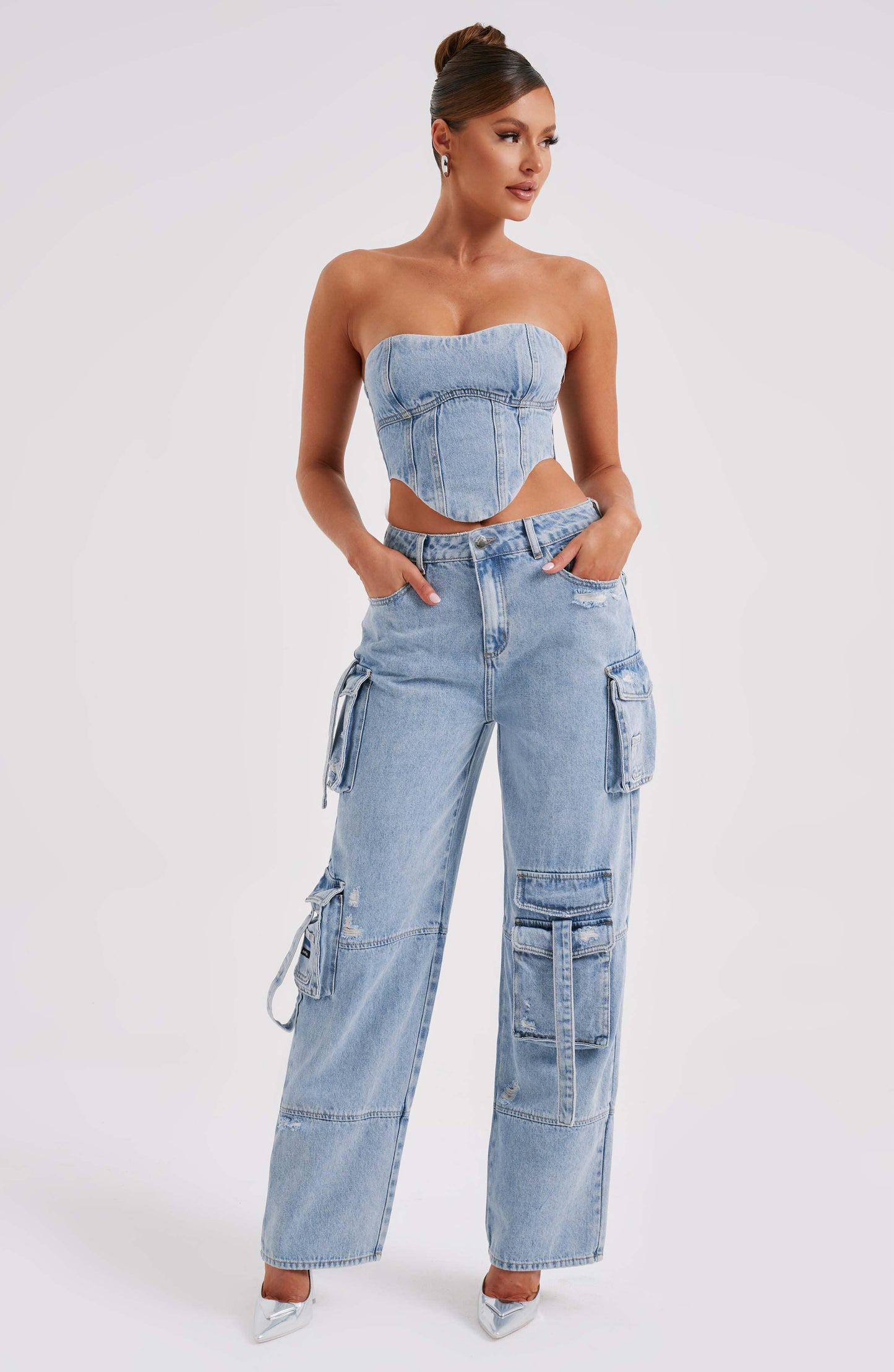 Cepli Bağcıklı Denim Kargo Pantolon